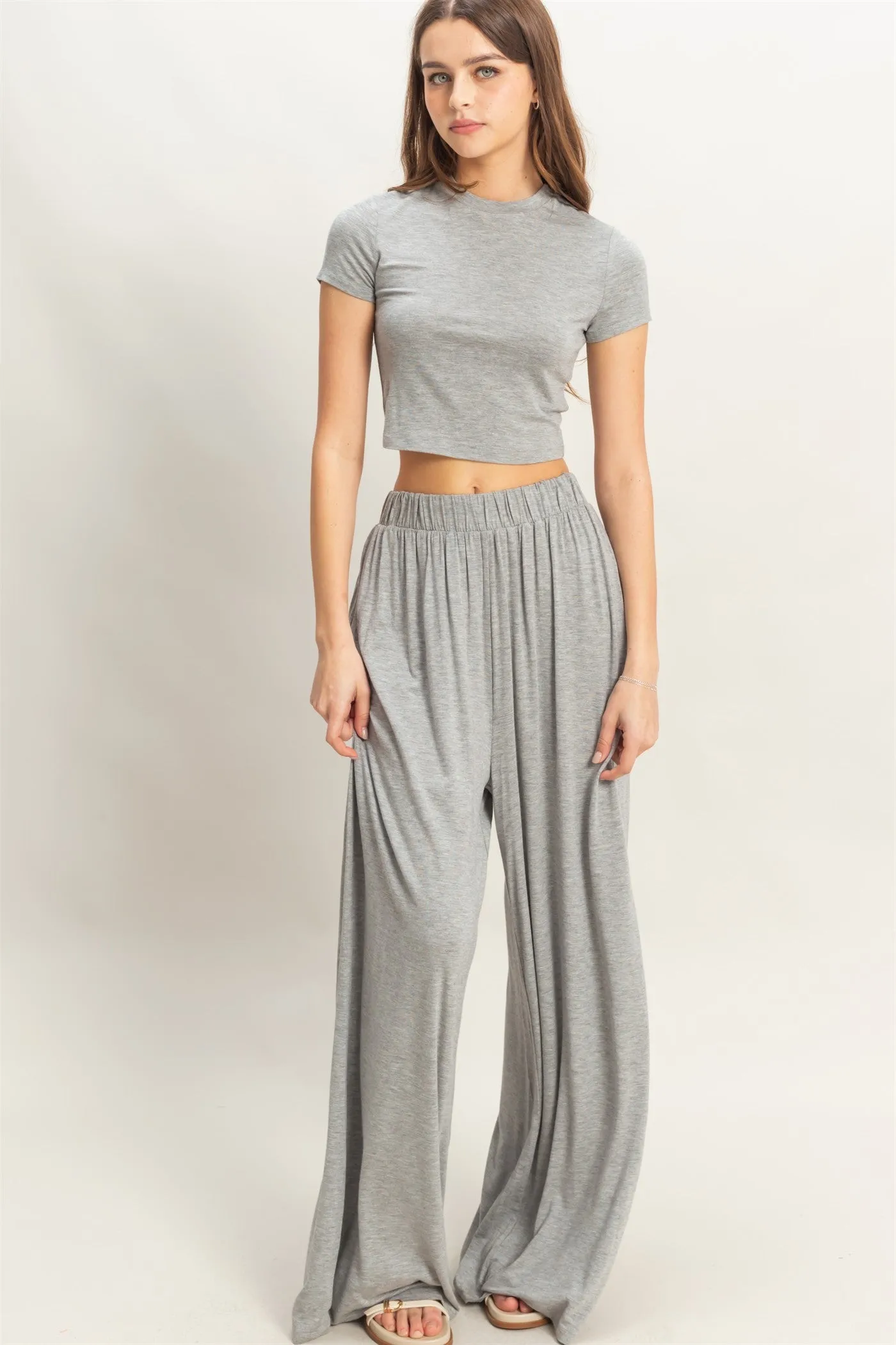 Heather Grey Cropped Short Sleeve Wide Leg Pants Set sold by Pinkblush