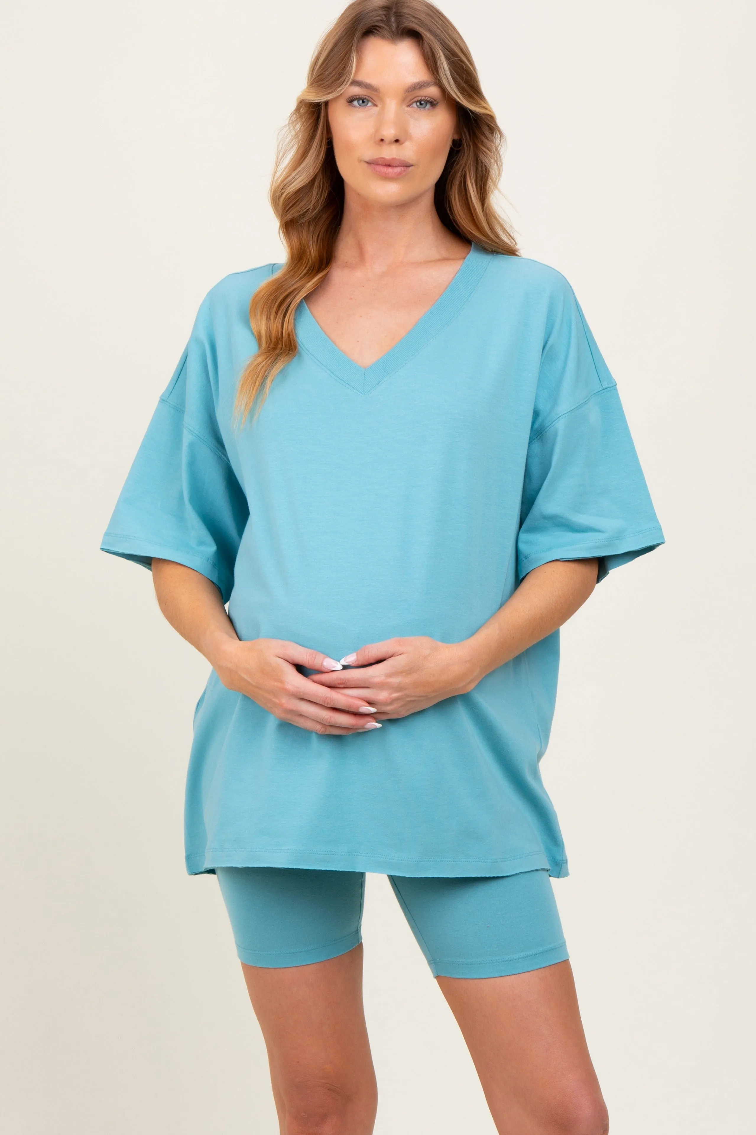 Light Blue Oversized V-Neck Biker Short Maternity Set sold by Pinkblush product image thumbnail 2