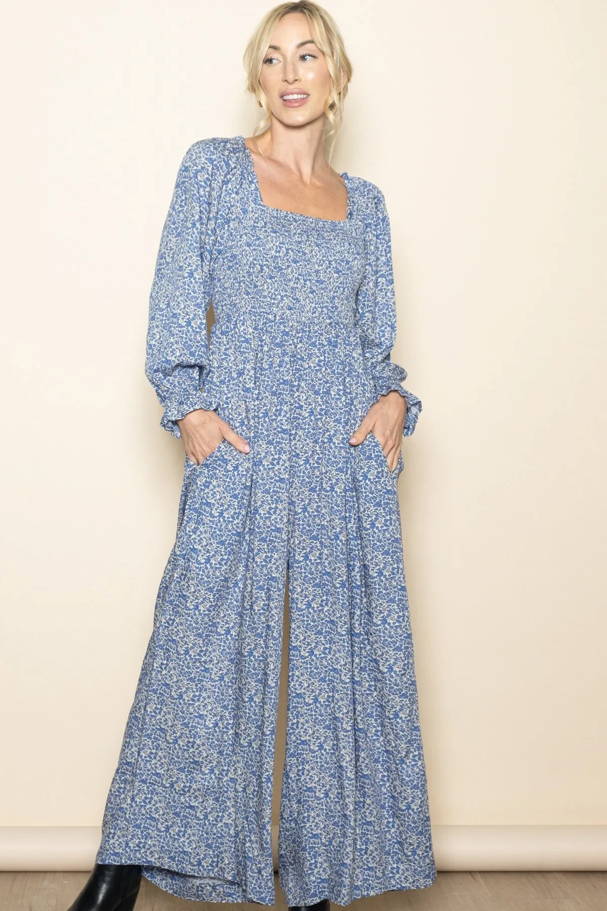 Blue Floral Long Sleeve Wide Leg Jumpsuit sold by Pinkblush