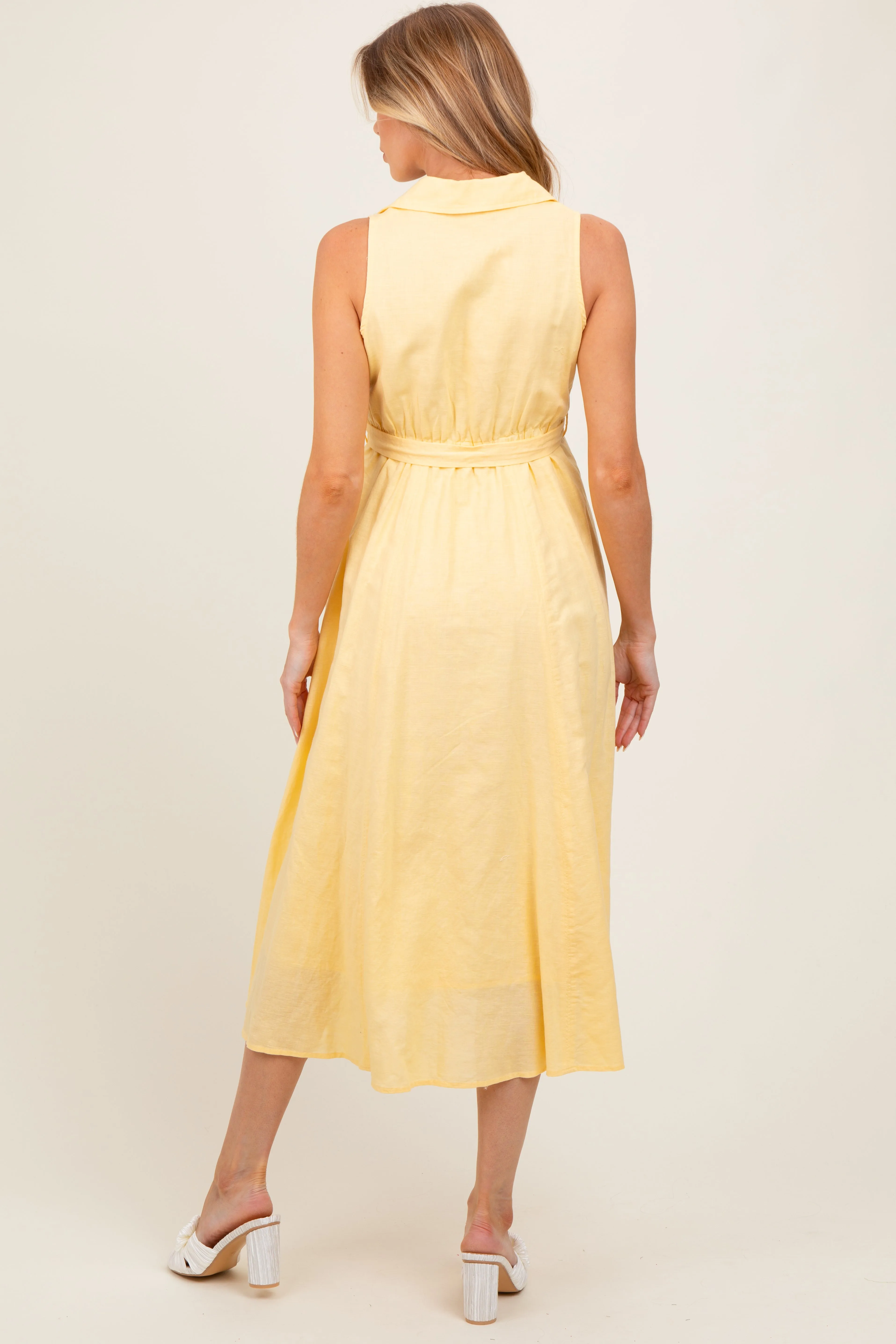 Yellow Sleeveless Linen Blend Maternity Midi Shirt Dress sold by Pinkblush product image thumbnail 4