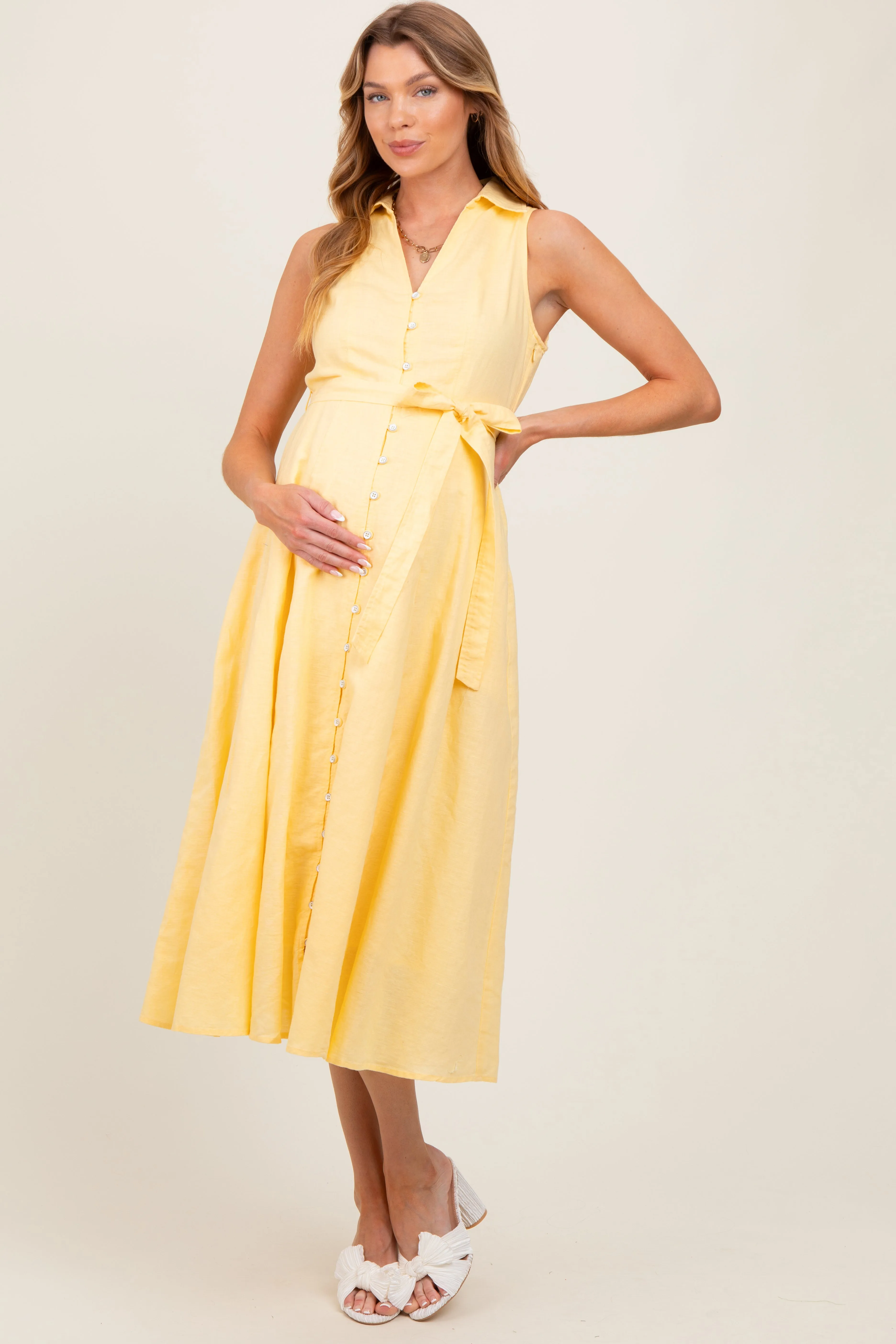 Yellow Sleeveless Linen Blend Maternity Midi Shirt Dress sold by Pinkblush product image thumbnail 2