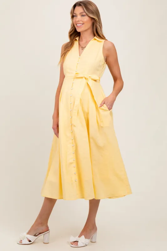 Yellow Sleeveless Linen Blend Maternity Midi Shirt Dress sold by Pinkblush