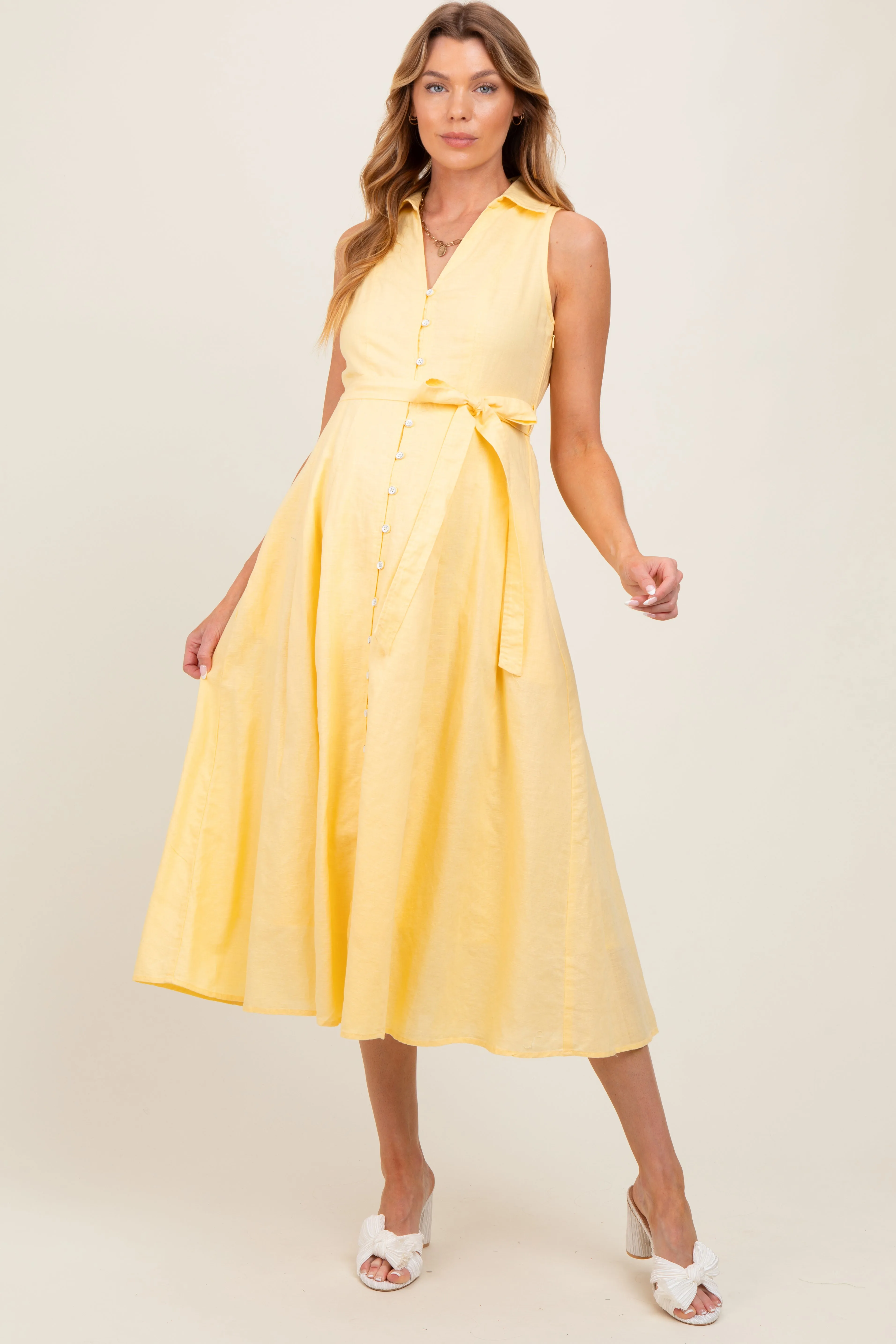 Yellow Sleeveless Linen Blend Maternity Midi Shirt Dress sold by Pinkblush product image thumbnail 3