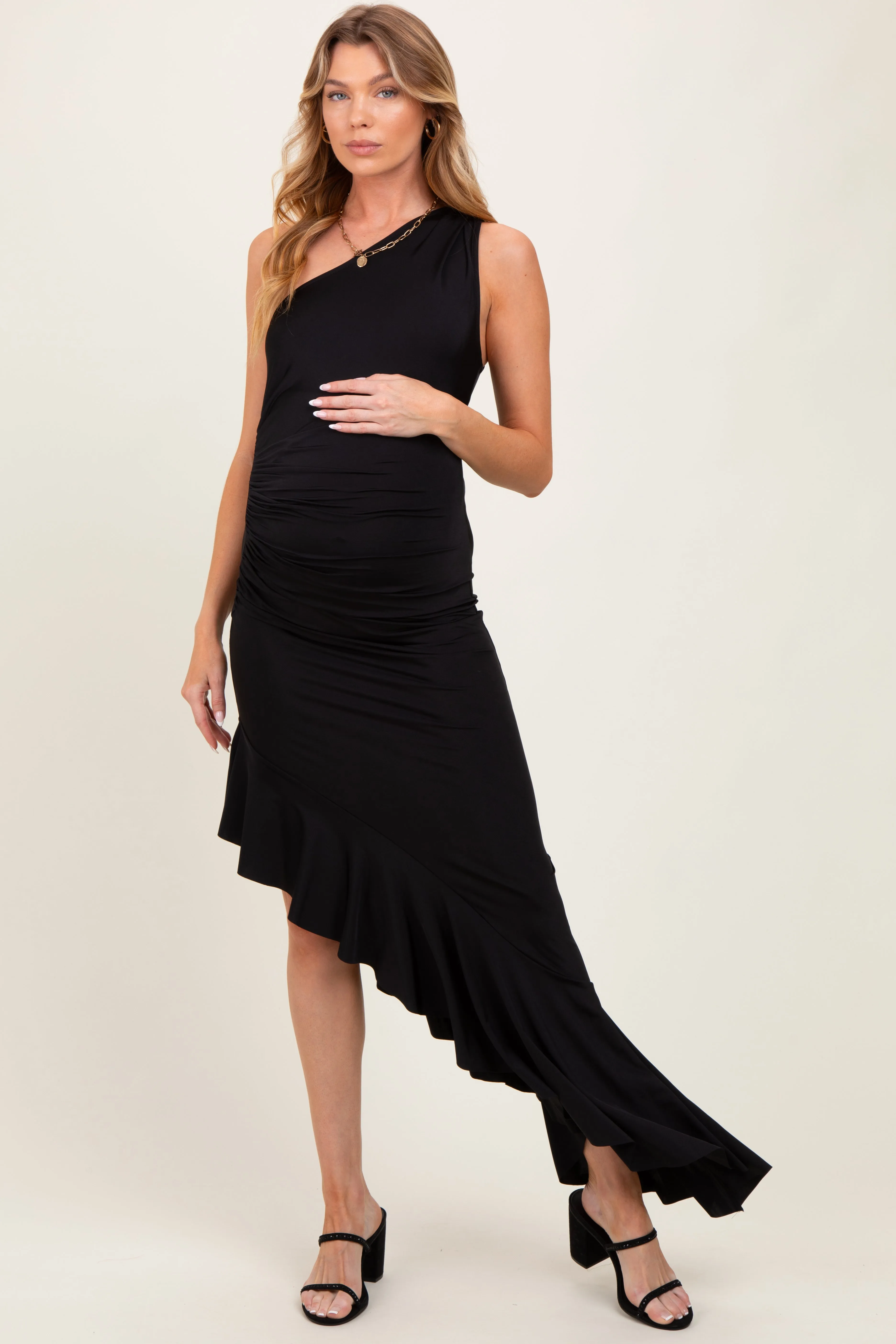 Royal Blue One Shoulder Asymmetrical Ruffle Maternity Dress sold by Pinkblush