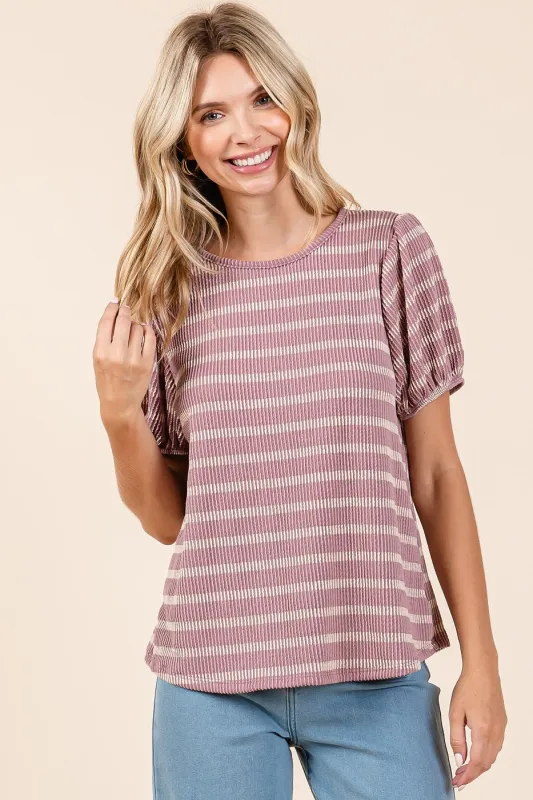 Pink Textured Knit Striped Puff Sleeve Top sold by Pinkblush