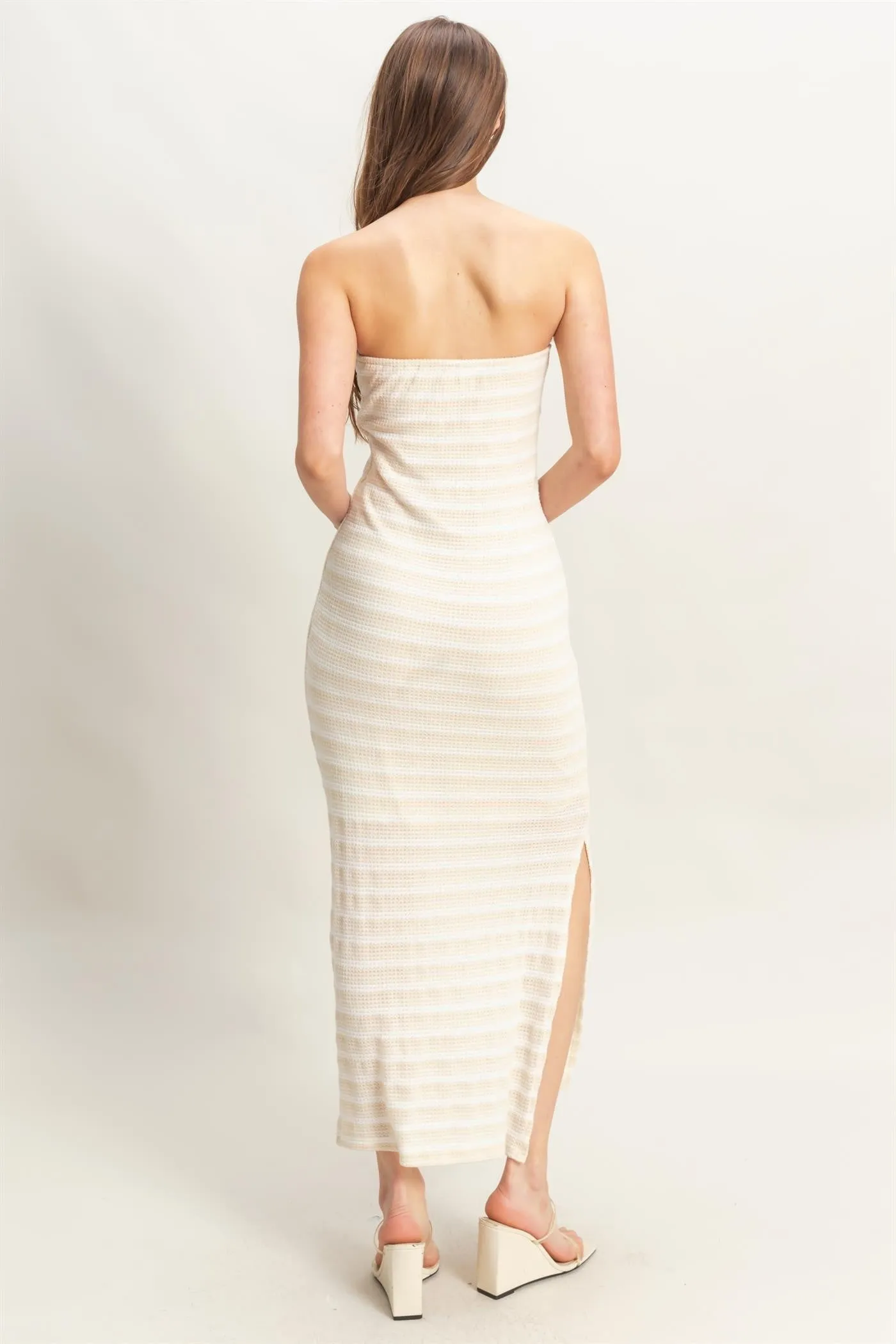 Cream Striped Knit Strapless Side Slit Maxi Dress sold by Pinkblush product image thumbnail 4