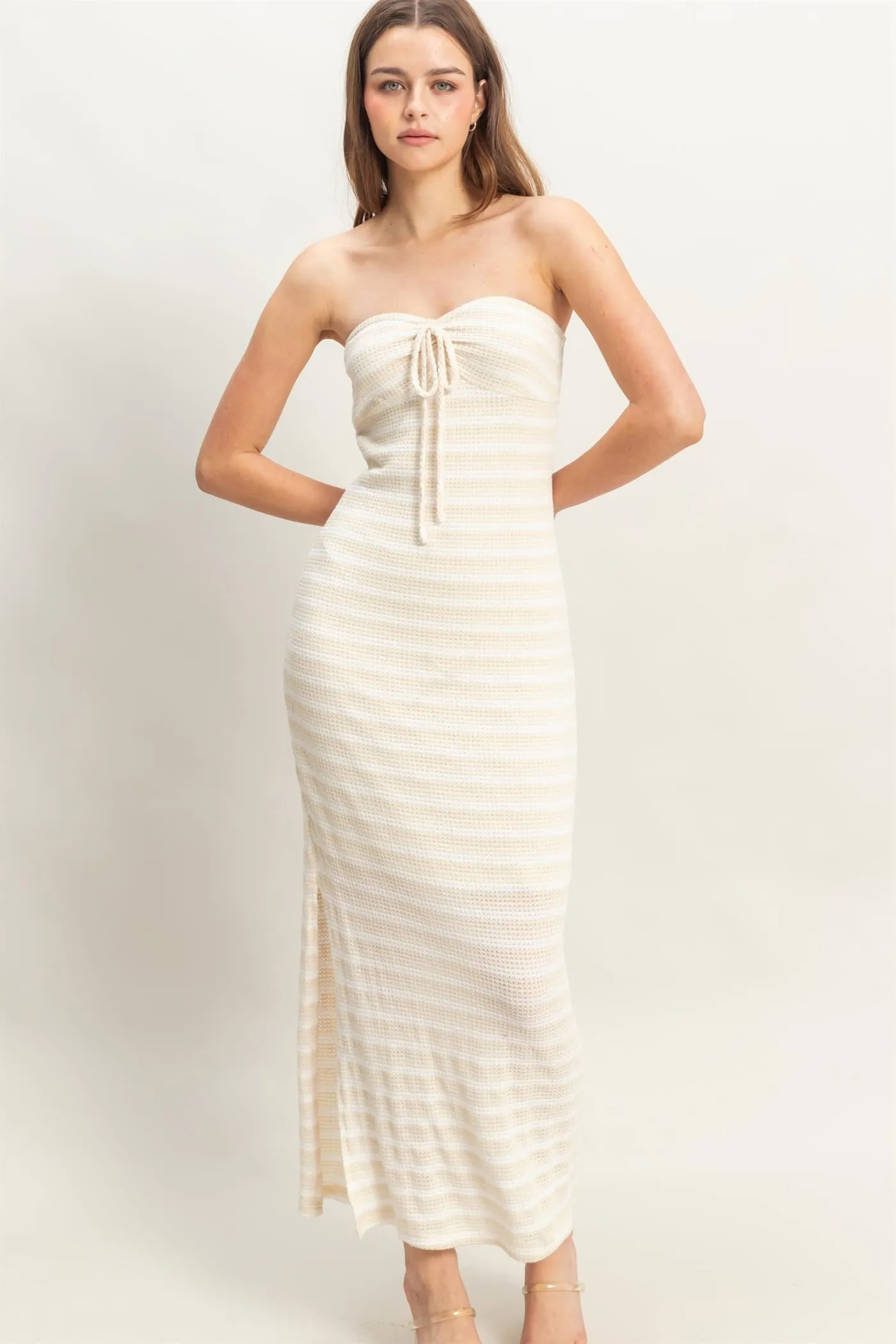 Cream Striped Knit Strapless Side Slit Maxi Dress sold by Pinkblush product image thumbnail 2
