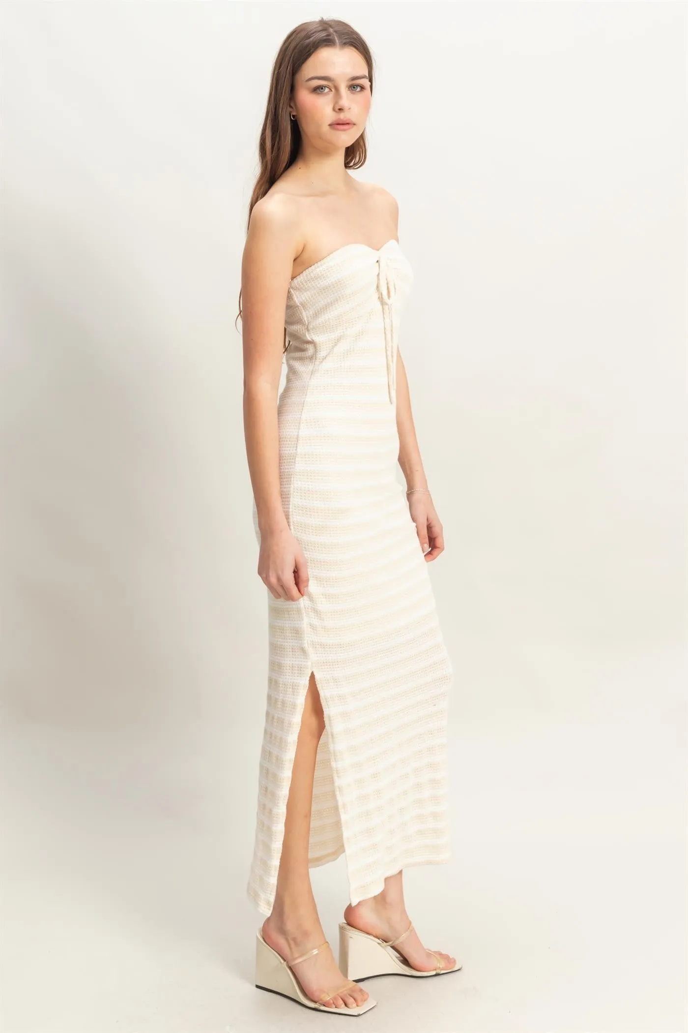 Cream Striped Knit Strapless Side Slit Maxi Dress sold by Pinkblush product image thumbnail 3
