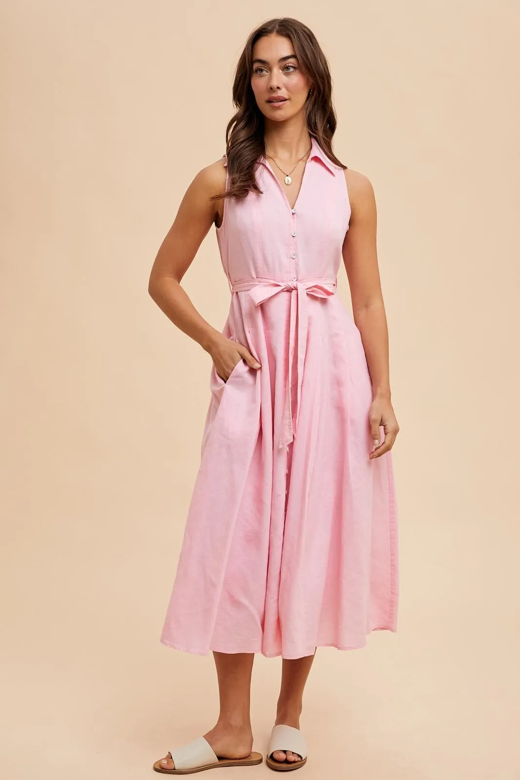 Light Pink Sleeveless Linen Blend Maternity Midi Shirt Dress sold by Pinkblush product image thumbnail 5