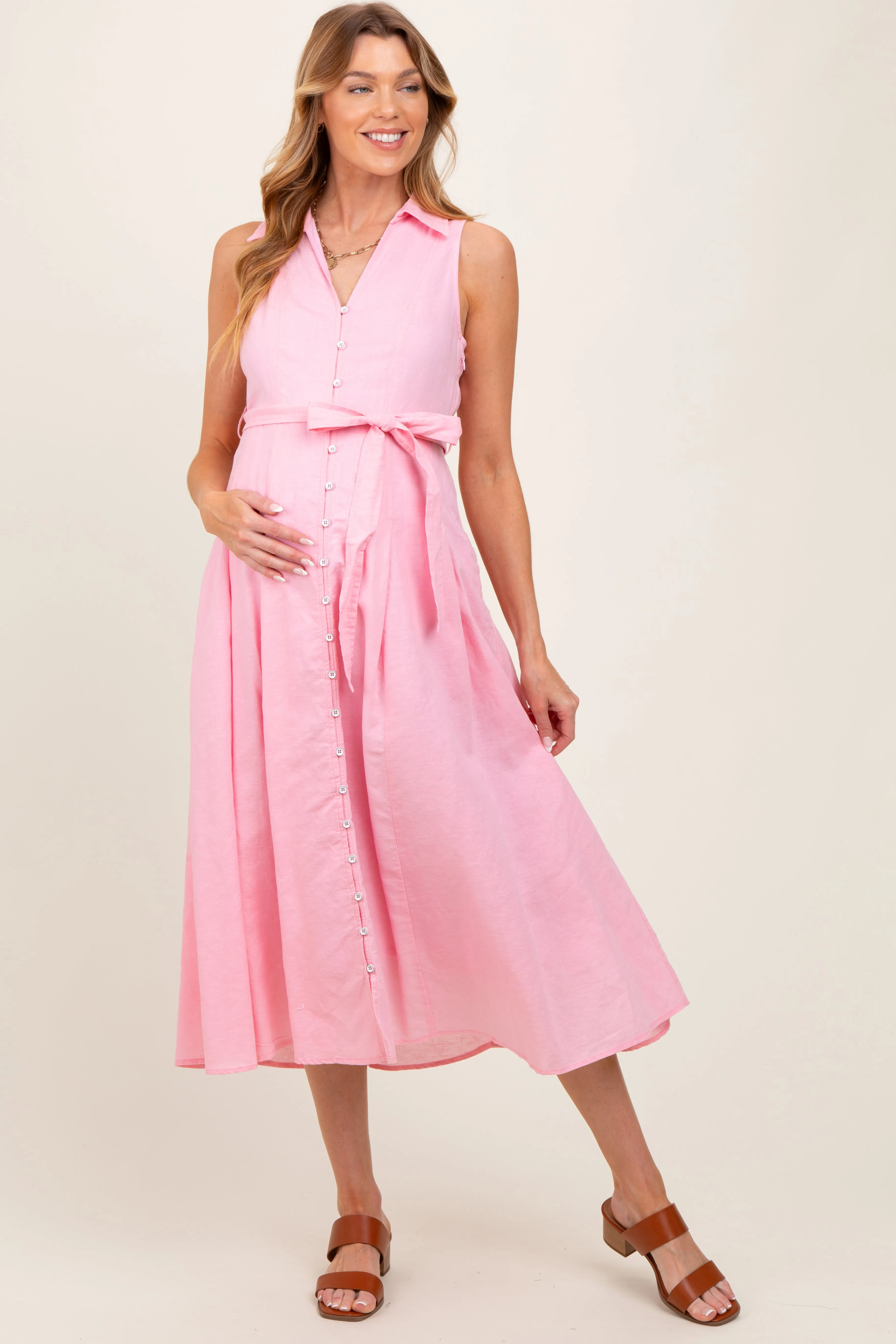 Light Pink Sleeveless Linen Blend Maternity Midi Shirt Dress sold by Pinkblush