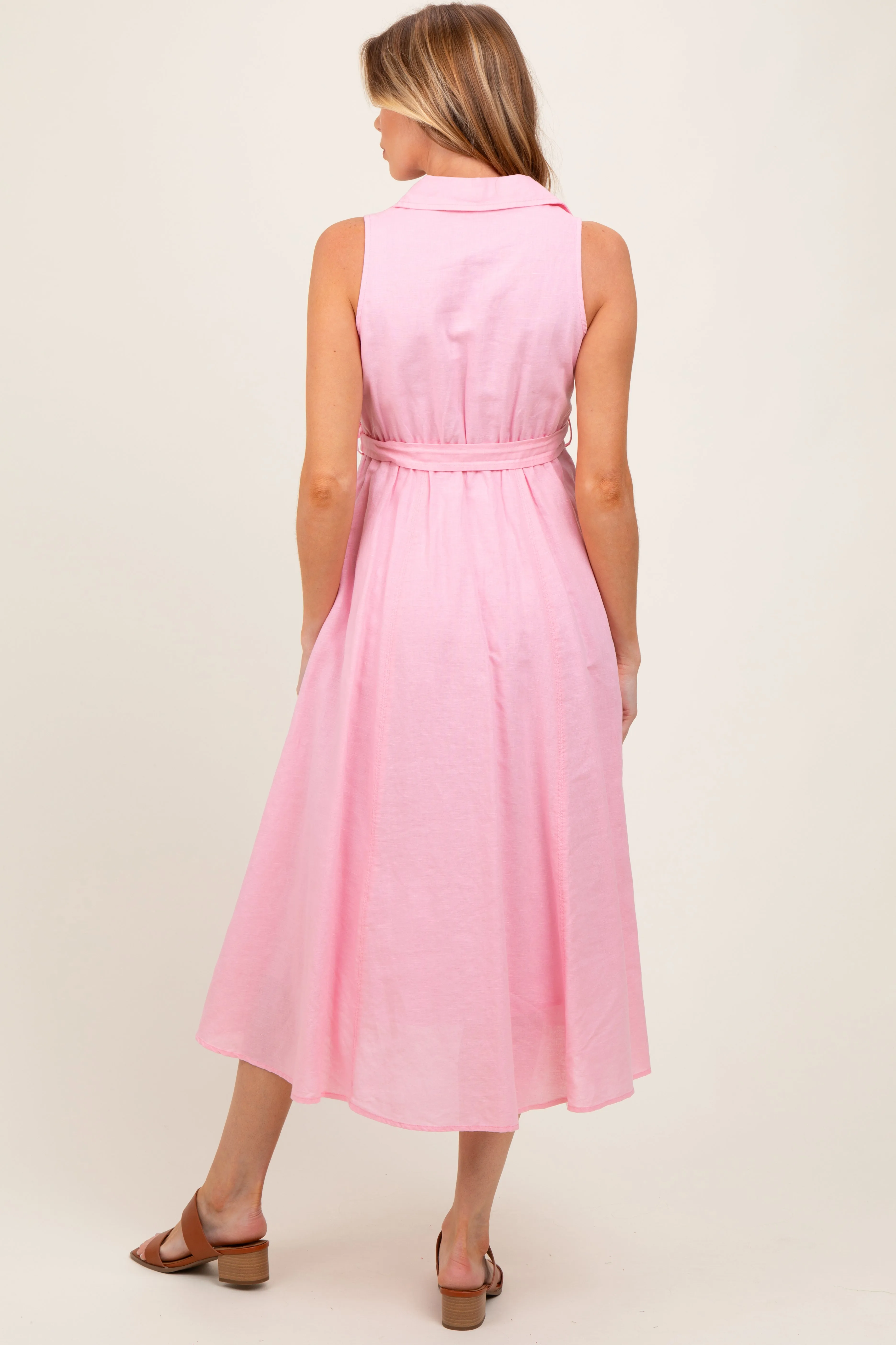 Light Pink Sleeveless Linen Blend Maternity Midi Shirt Dress sold by Pinkblush product image thumbnail 4