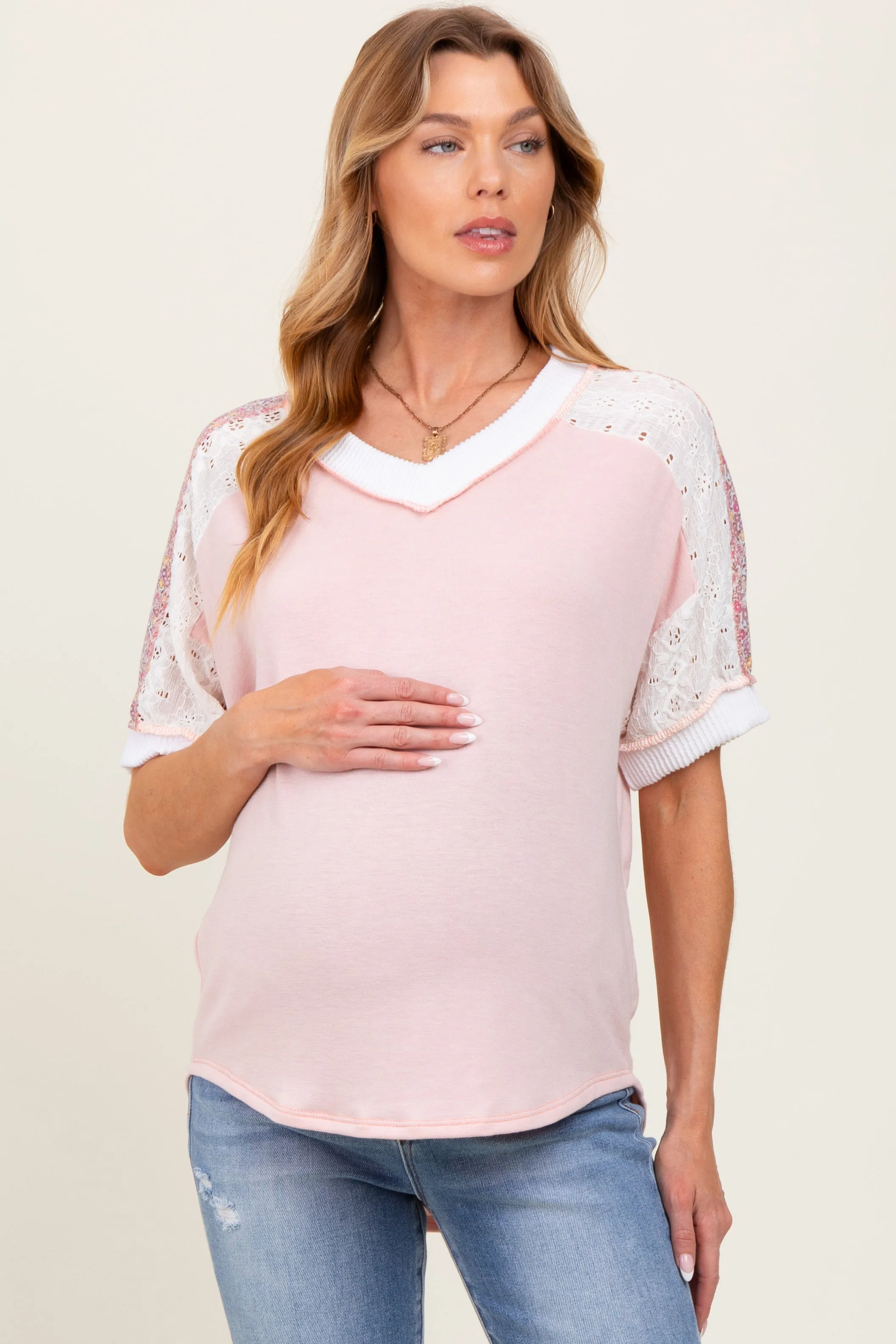 Light Pink Floral Lace Inset Short Sleeve Maternity Top sold by Pinkblush