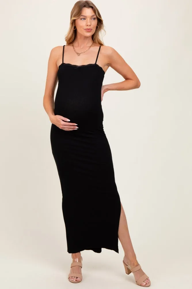 Black Lace Trim Side Slit Maternity Maxi Dress sold by Pinkblush