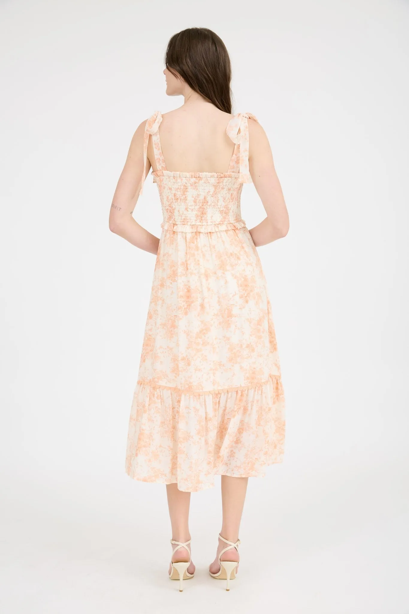 Peach Floral Smocked Shoulder Tie Midi Dress sold by Pinkblush product image thumbnail 3
