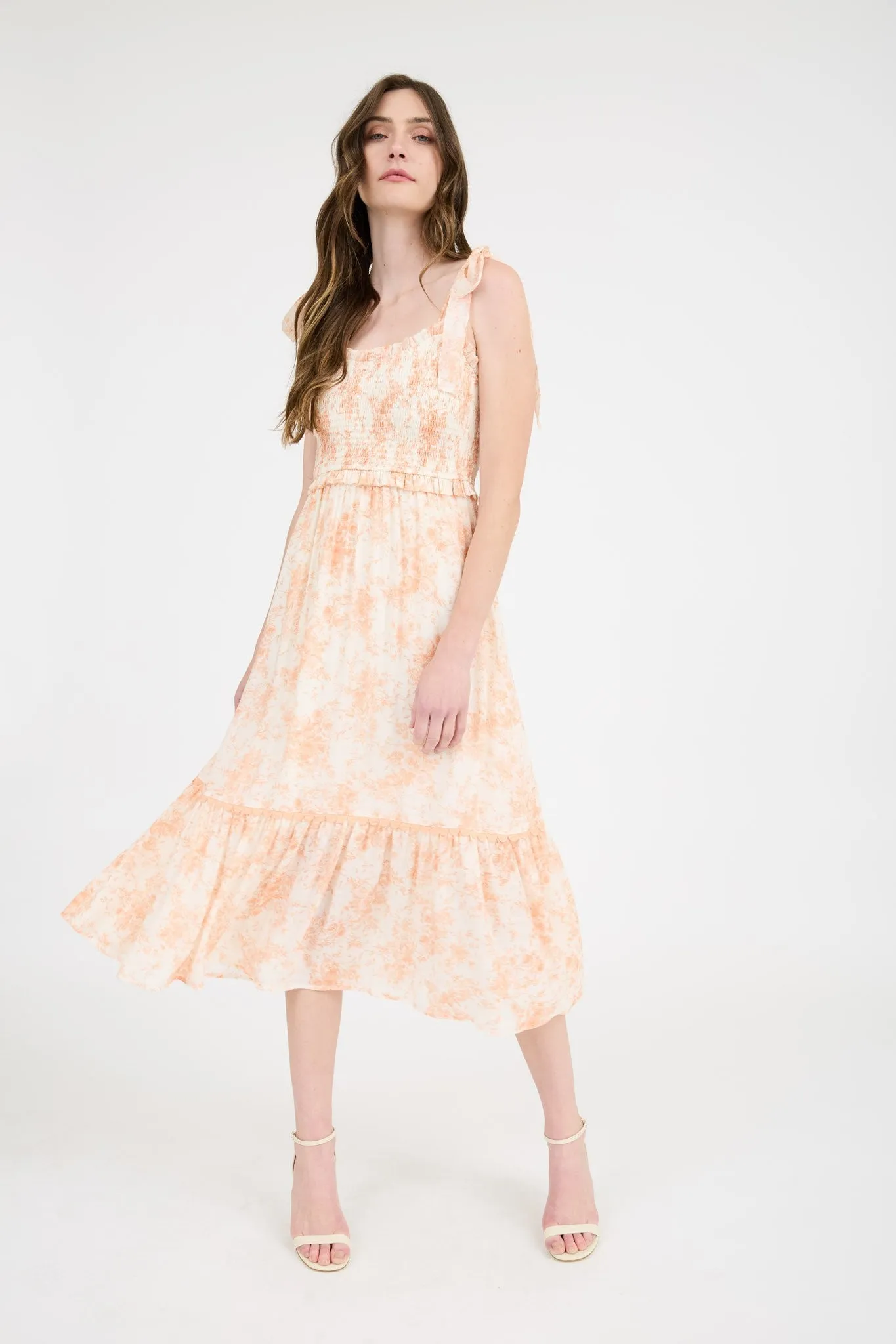 Peach Floral Smocked Shoulder Tie Midi Dress sold by Pinkblush