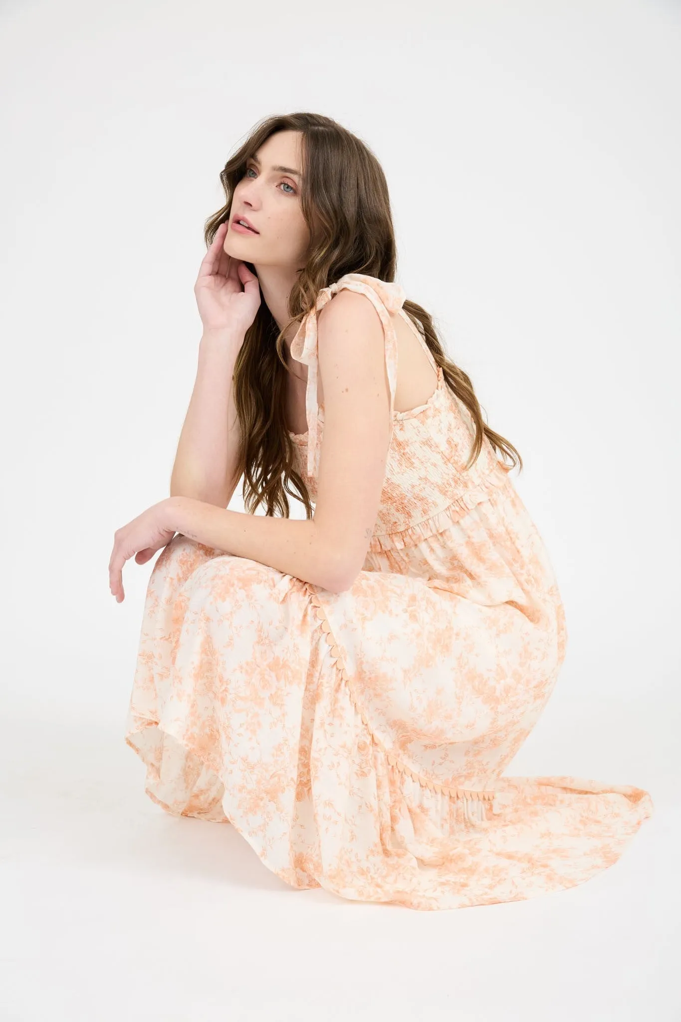 Peach Floral Smocked Shoulder Tie Midi Dress sold by Pinkblush product image thumbnail 4