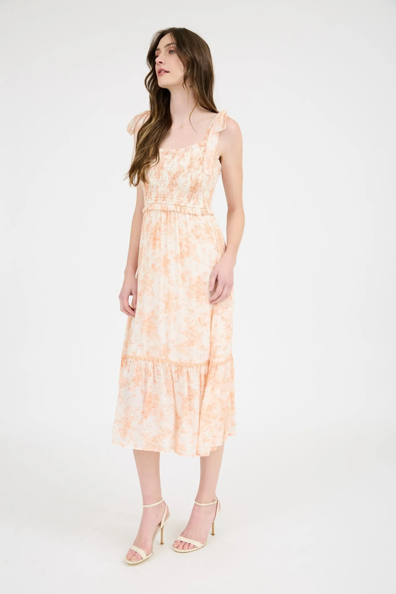 Peach Floral Smocked Shoulder Tie Midi Dress sold by Pinkblush product image thumbnail 2