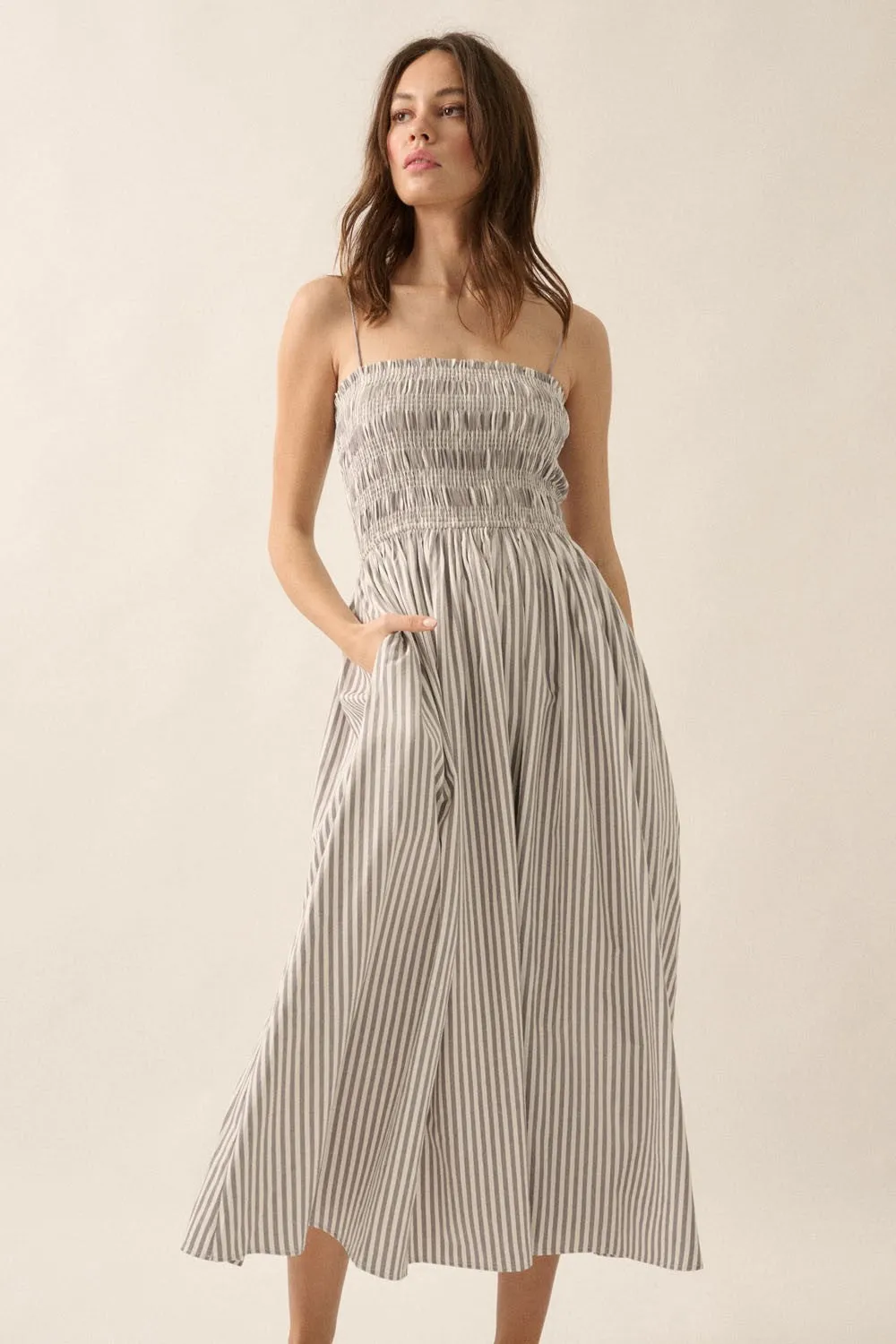 Black Striped Smocked Midi Dress sold by Pinkblush