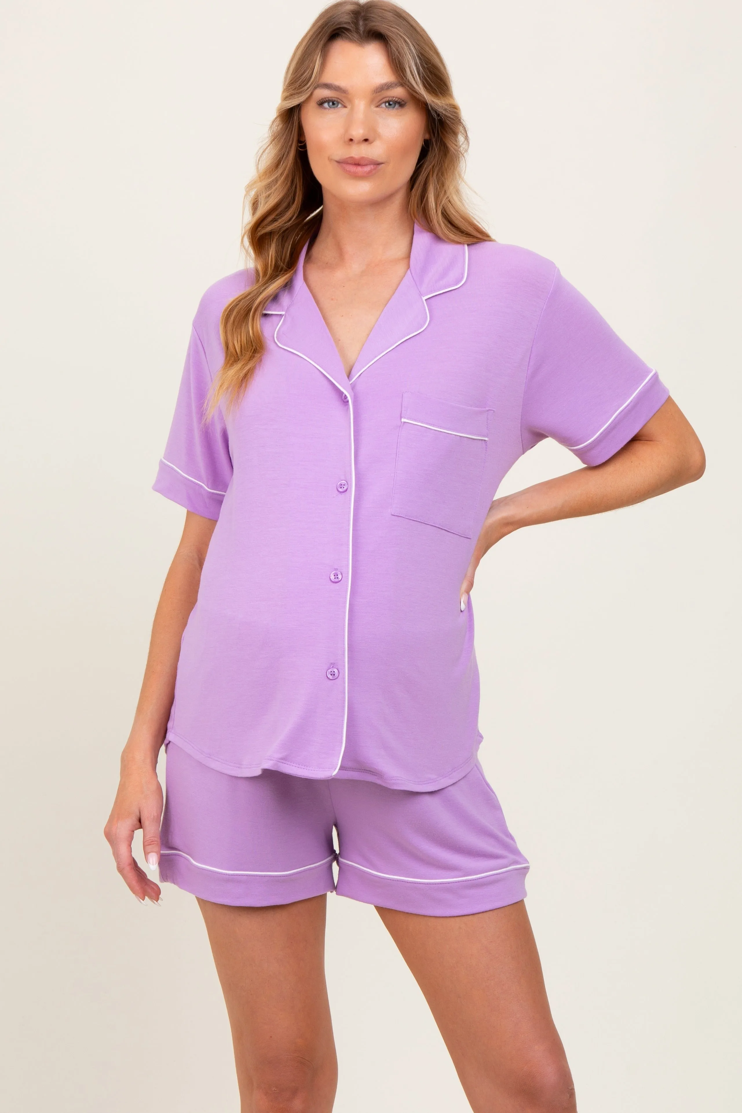 Lavender Short Sleeve Button Down Shirt Shorts Maternity Set sold by Pinkblush product image thumbnail 2