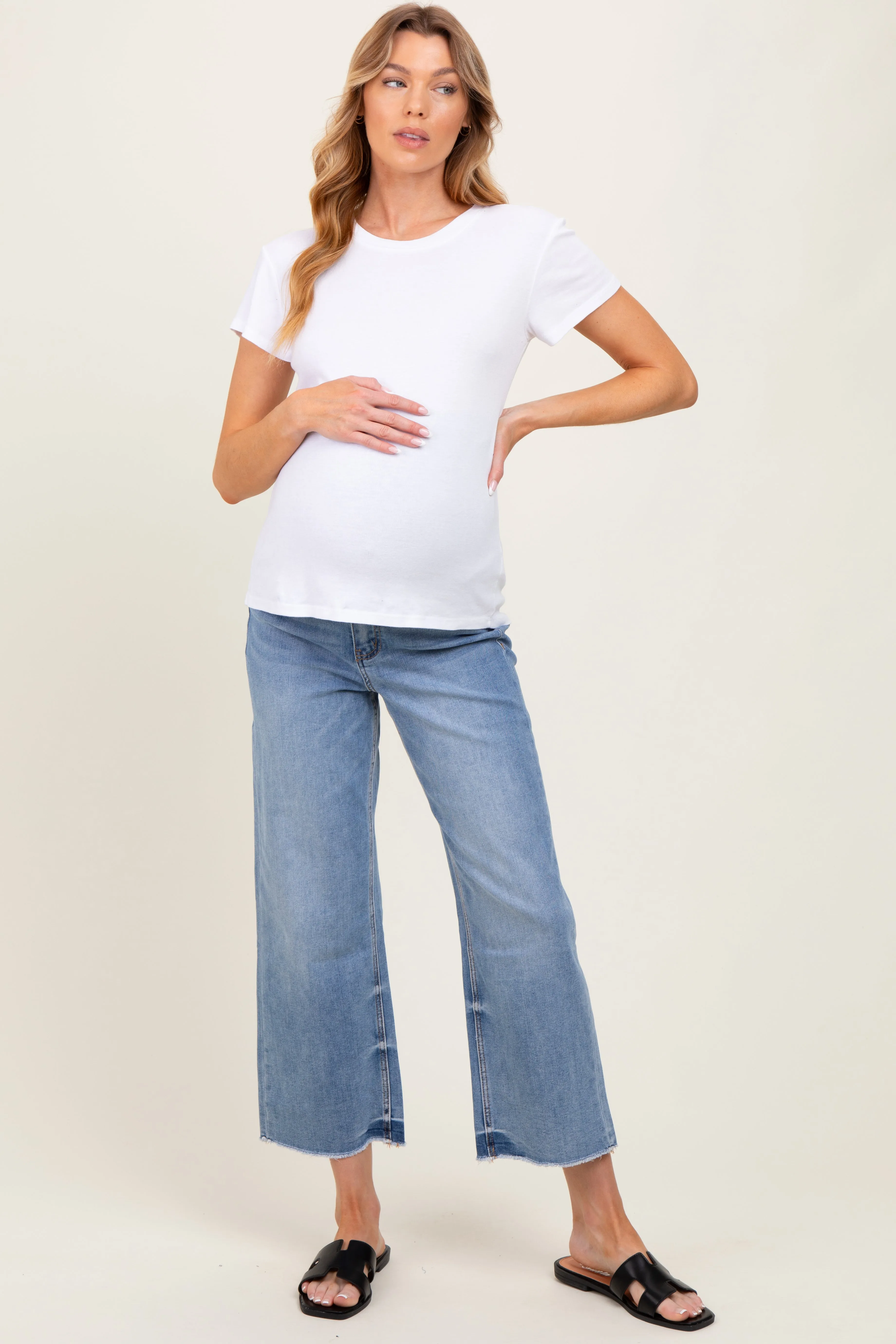 Blue Raw Hem Cropped Wide Leg Maternity Jeans sold by Pinkblush