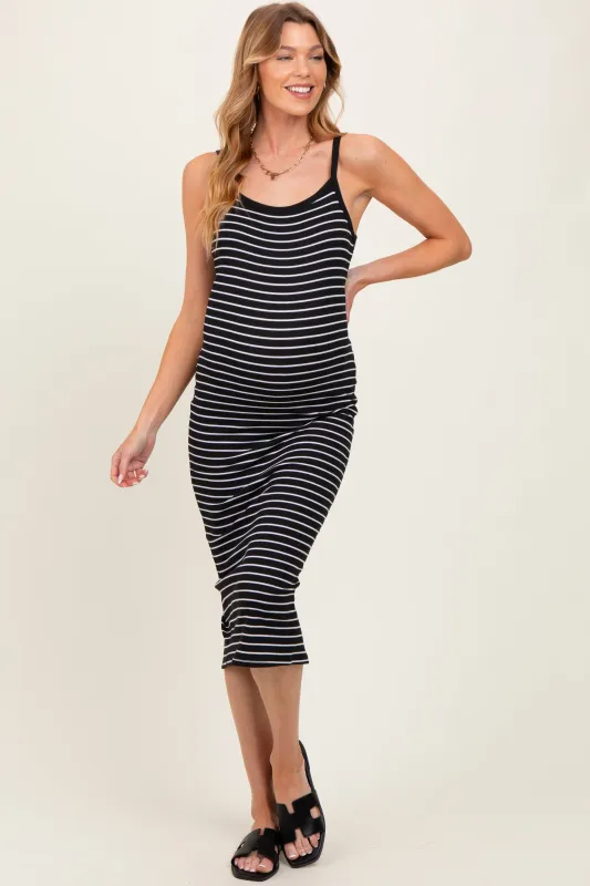 Black Striped Thin Strap Fitted Maternity Midi Dress sold by Pinkblush