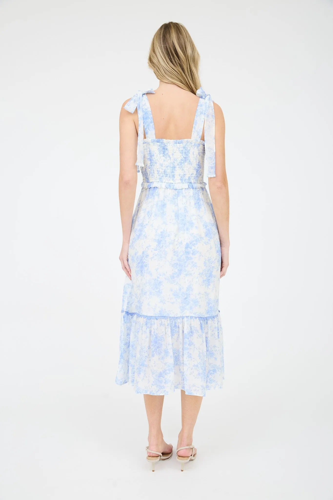 Light Blue Floral Smocked Shoulder Tie Midi Dress sold by Pinkblush product image thumbnail 3