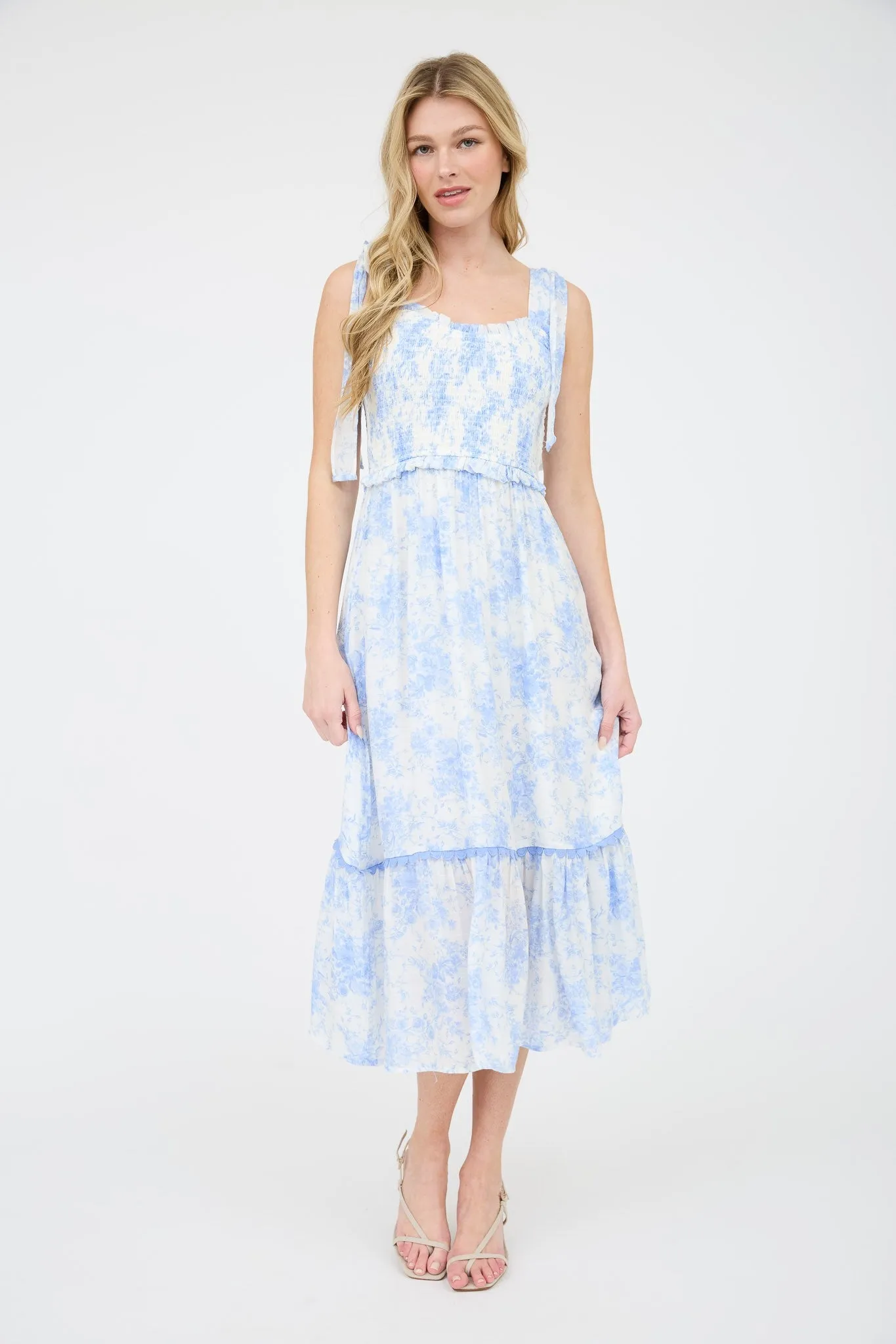 Light Blue Floral Smocked Shoulder Tie Midi Dress sold by Pinkblush