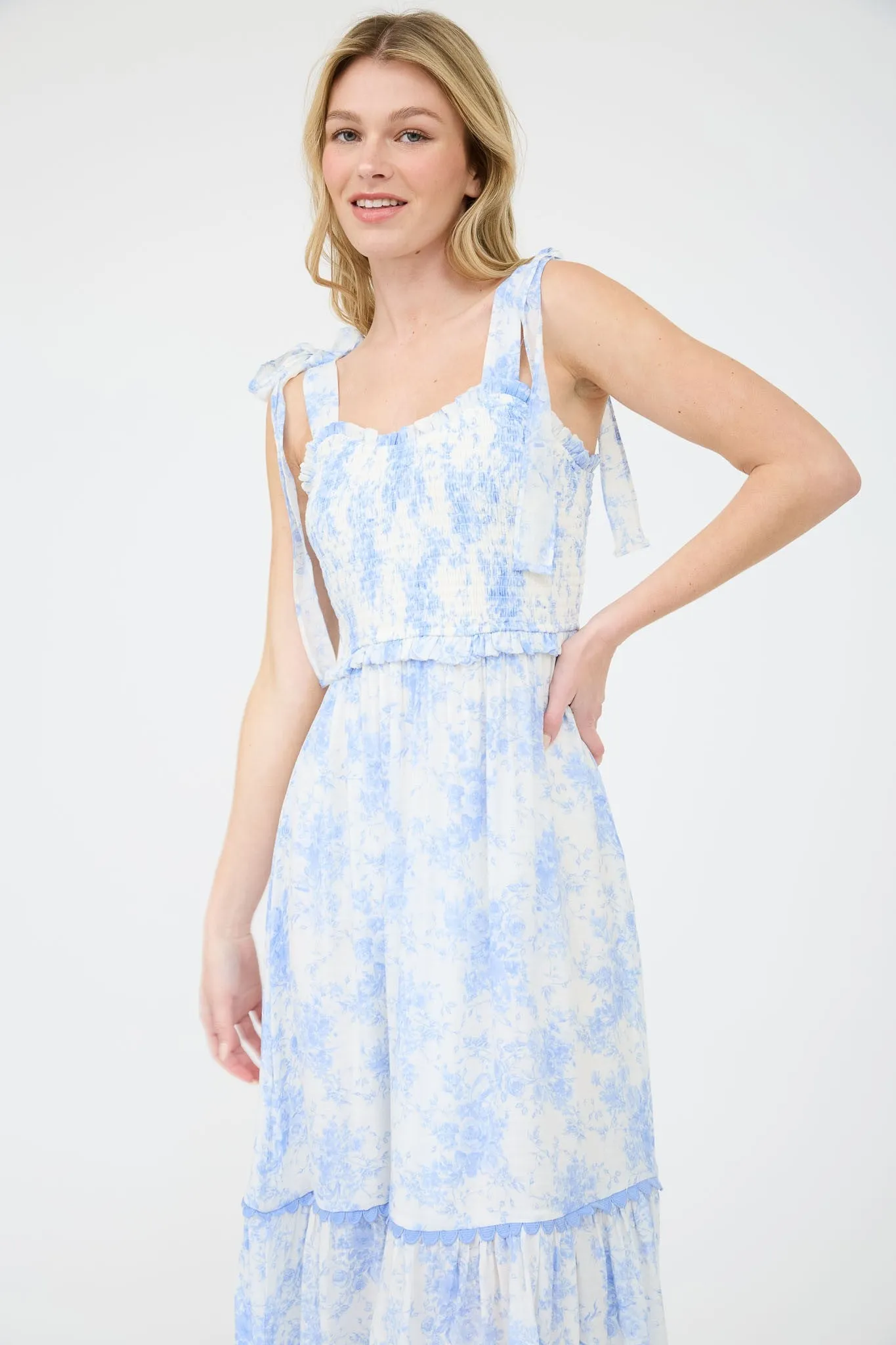 Light Blue Floral Smocked Shoulder Tie Midi Dress sold by Pinkblush product image thumbnail 4