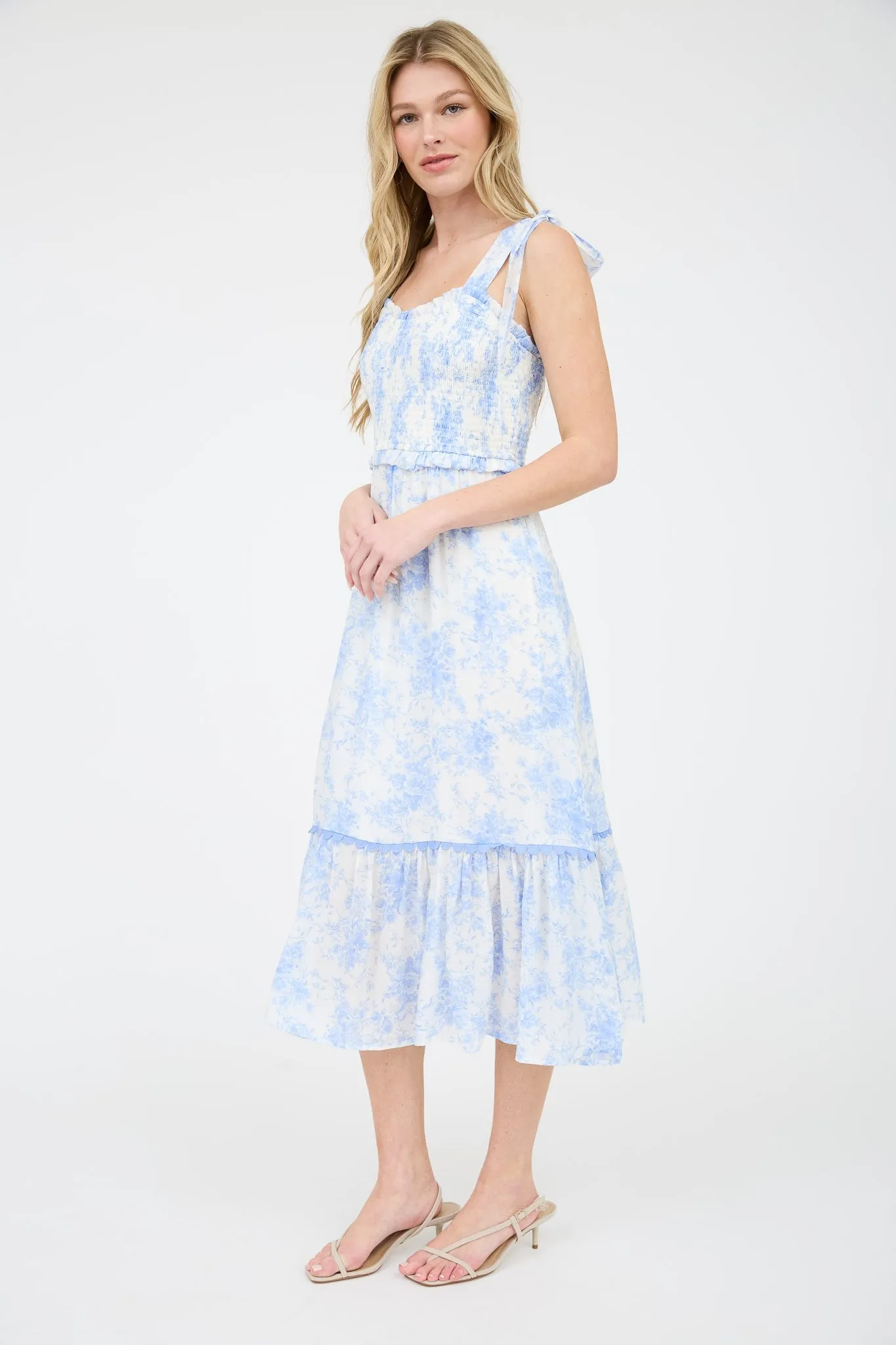 Light Blue Floral Smocked Shoulder Tie Midi Dress sold by Pinkblush product image thumbnail 2