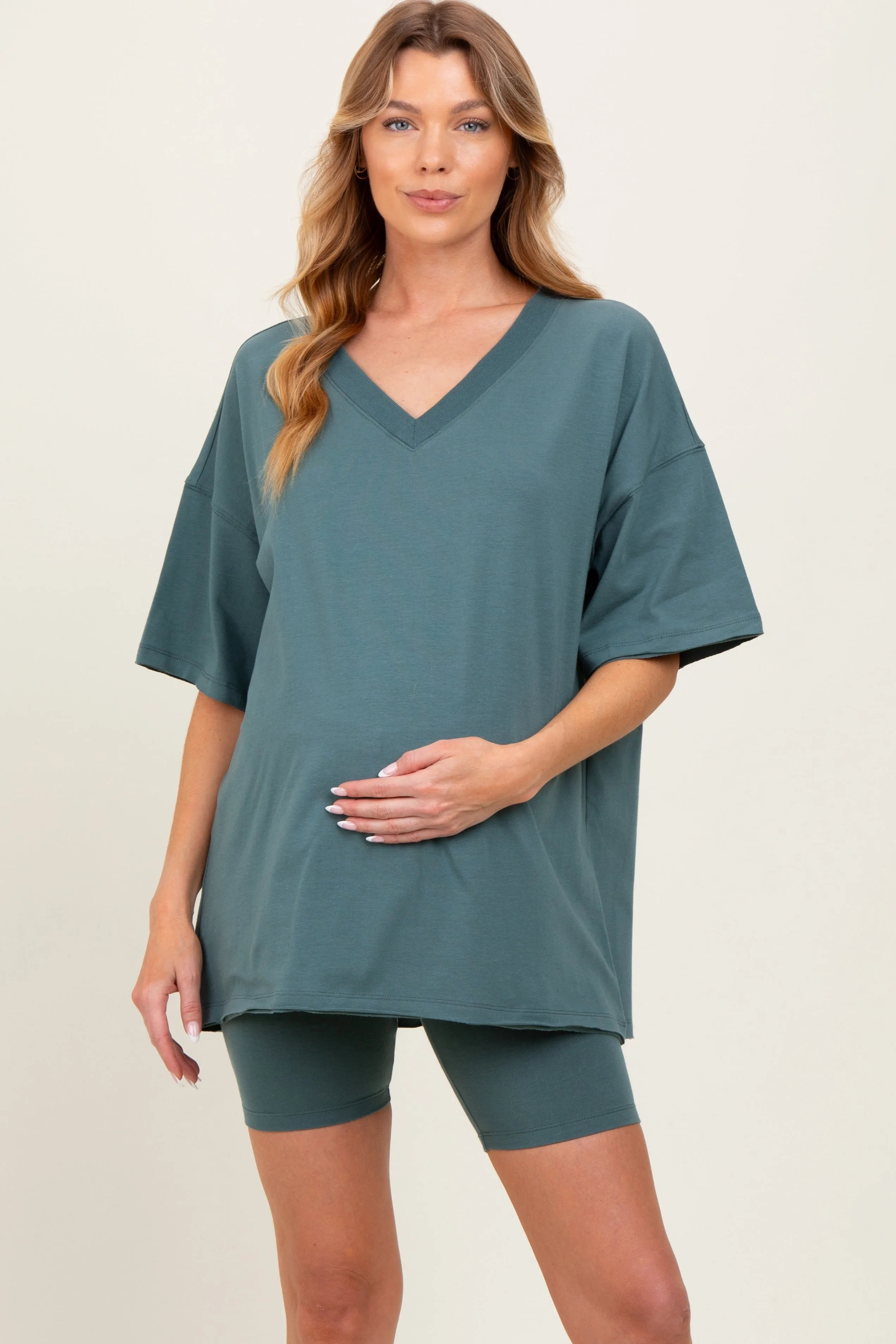 Light Olive Oversized V-Neck Biker Short Maternity Set sold by Pinkblush product image thumbnail 2