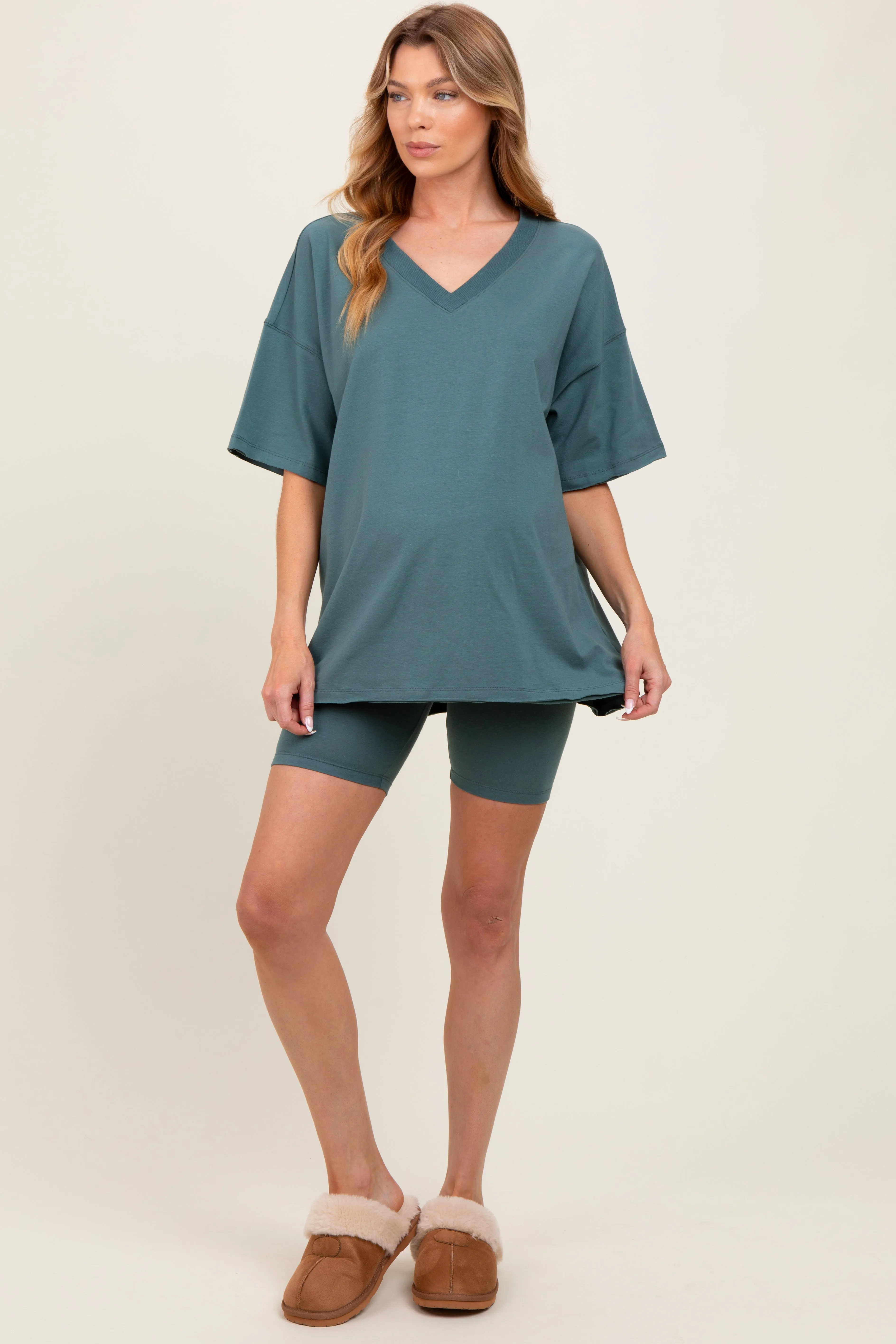 Light Olive Oversized V-Neck Biker Short Maternity Set sold by Pinkblush