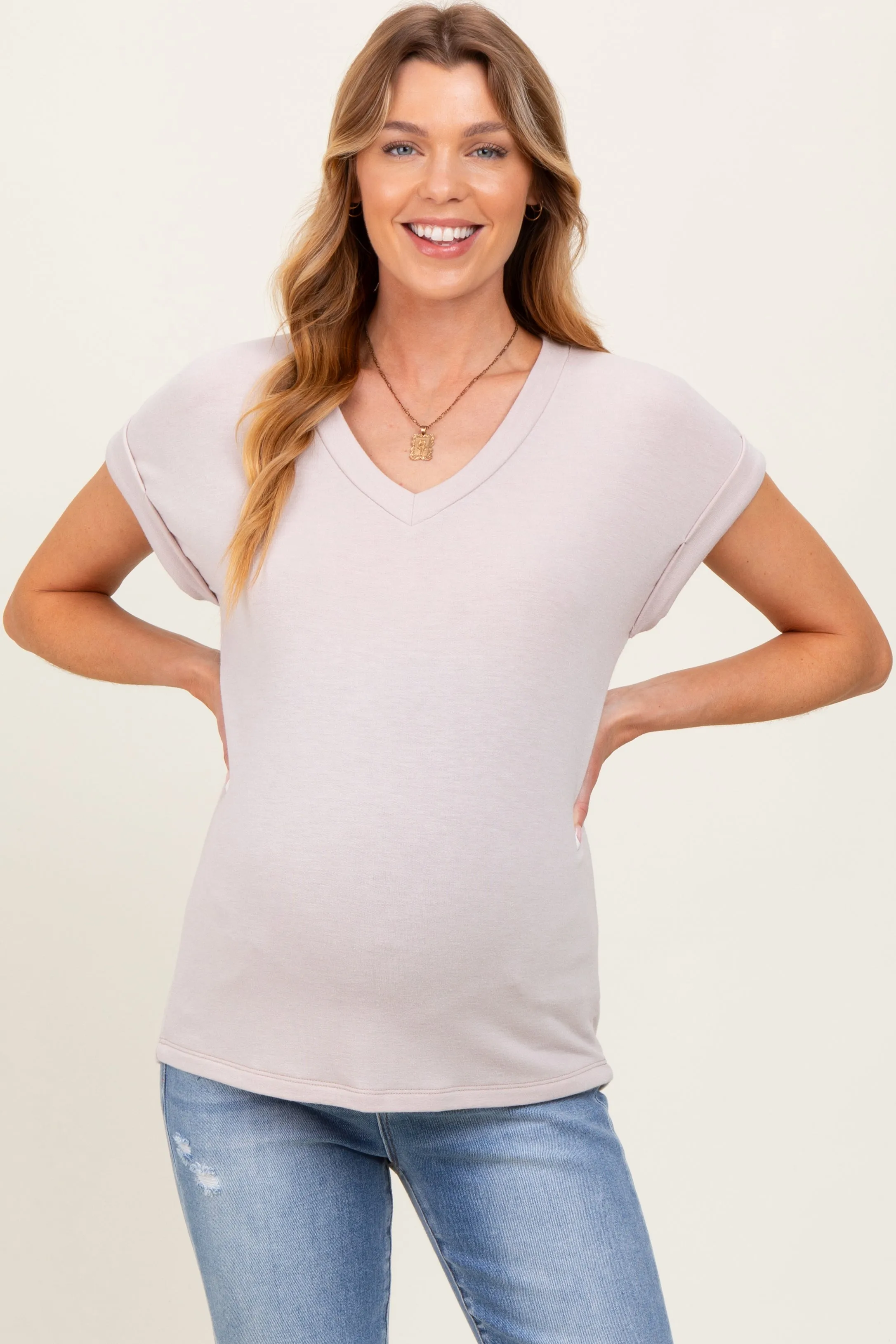 Taupe Terry V-Neck Maternity Short Sleeve Top sold by Pinkblush