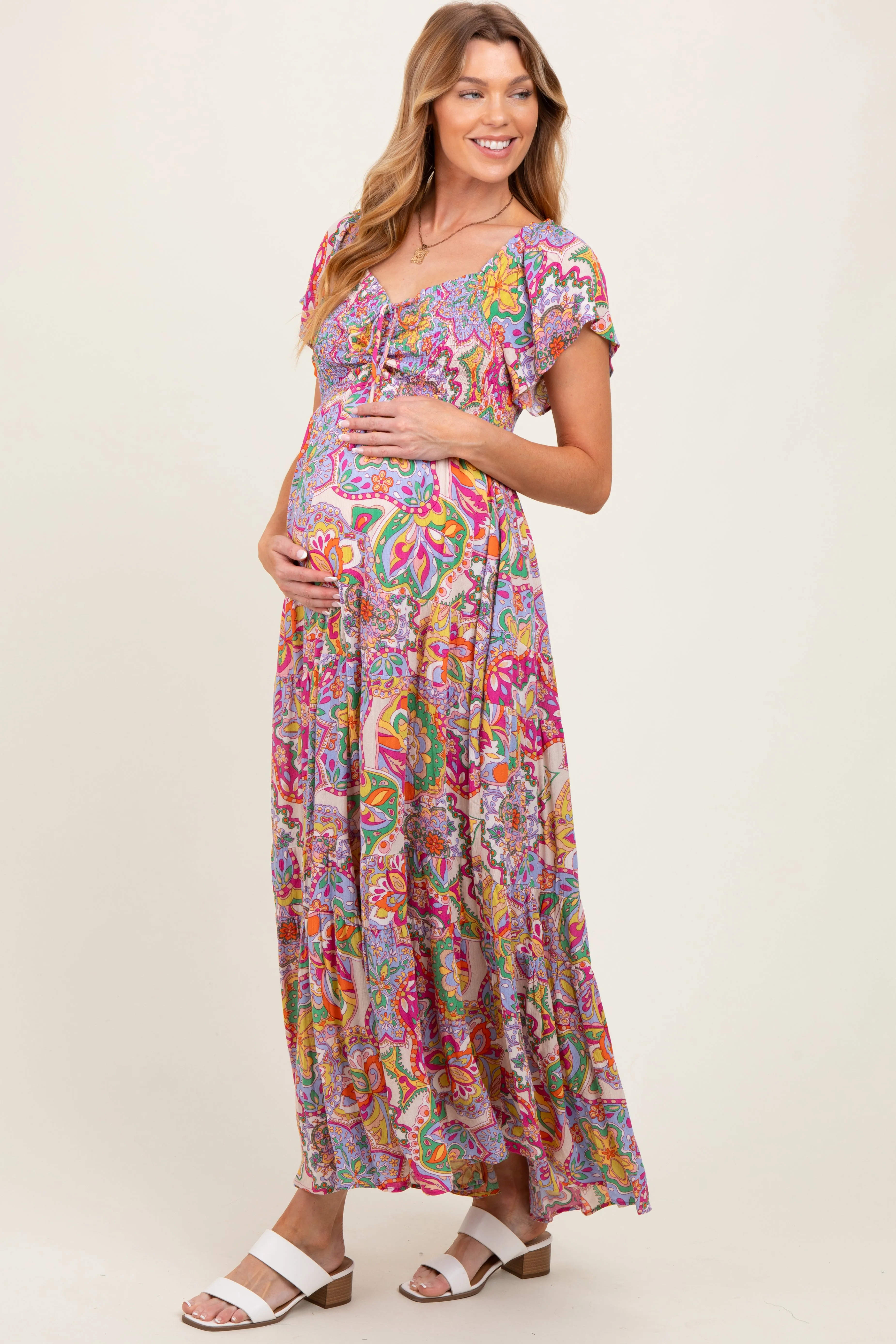 Lavender Floral Paisley Smocked Tiered Maternity Maxi Dress sold by Pinkblush product image thumbnail 3