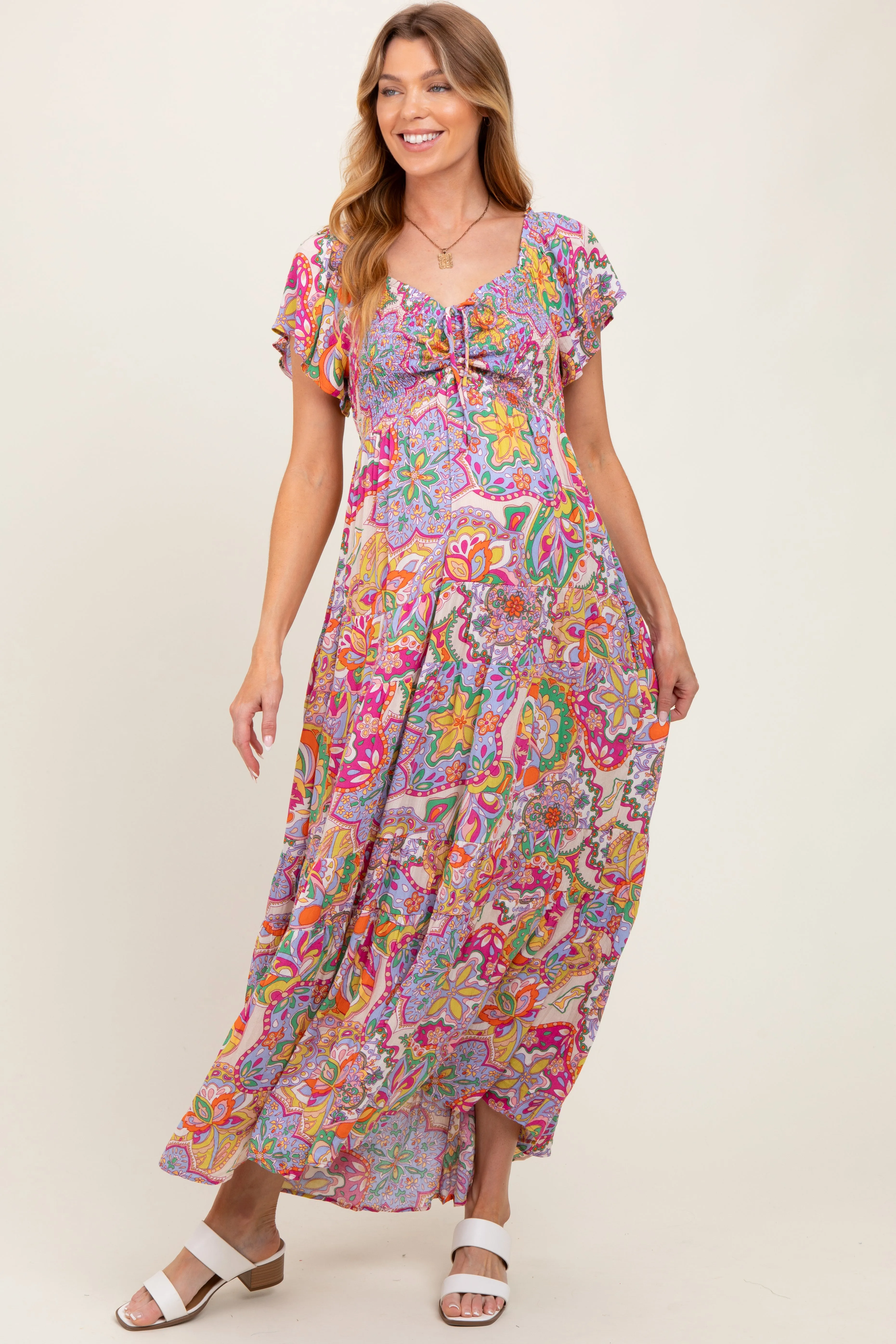 Lavender Floral Paisley Smocked Tiered Maternity Maxi Dress sold by Pinkblush