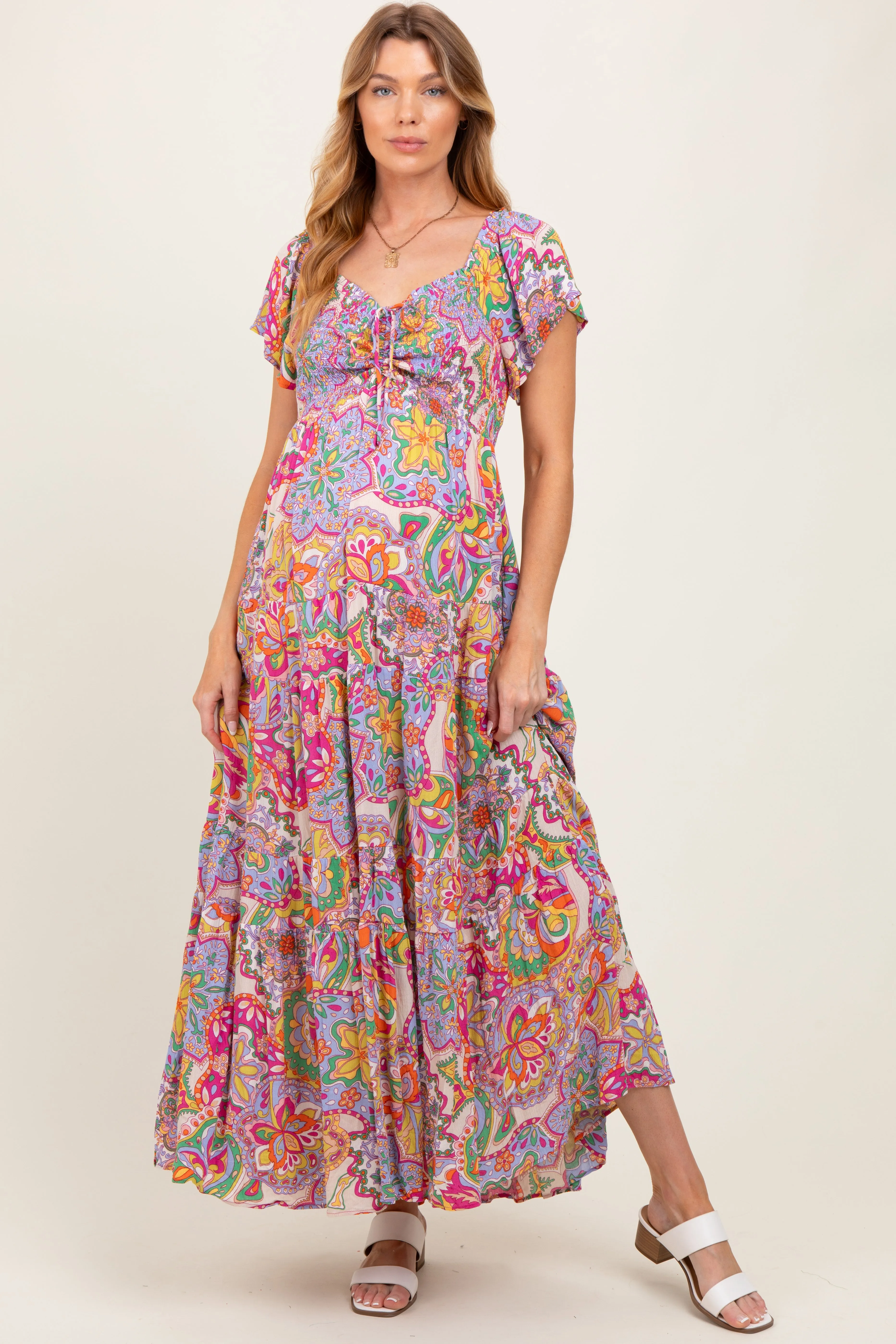 Lavender Floral Paisley Smocked Tiered Maternity Maxi Dress sold by Pinkblush product image thumbnail 2