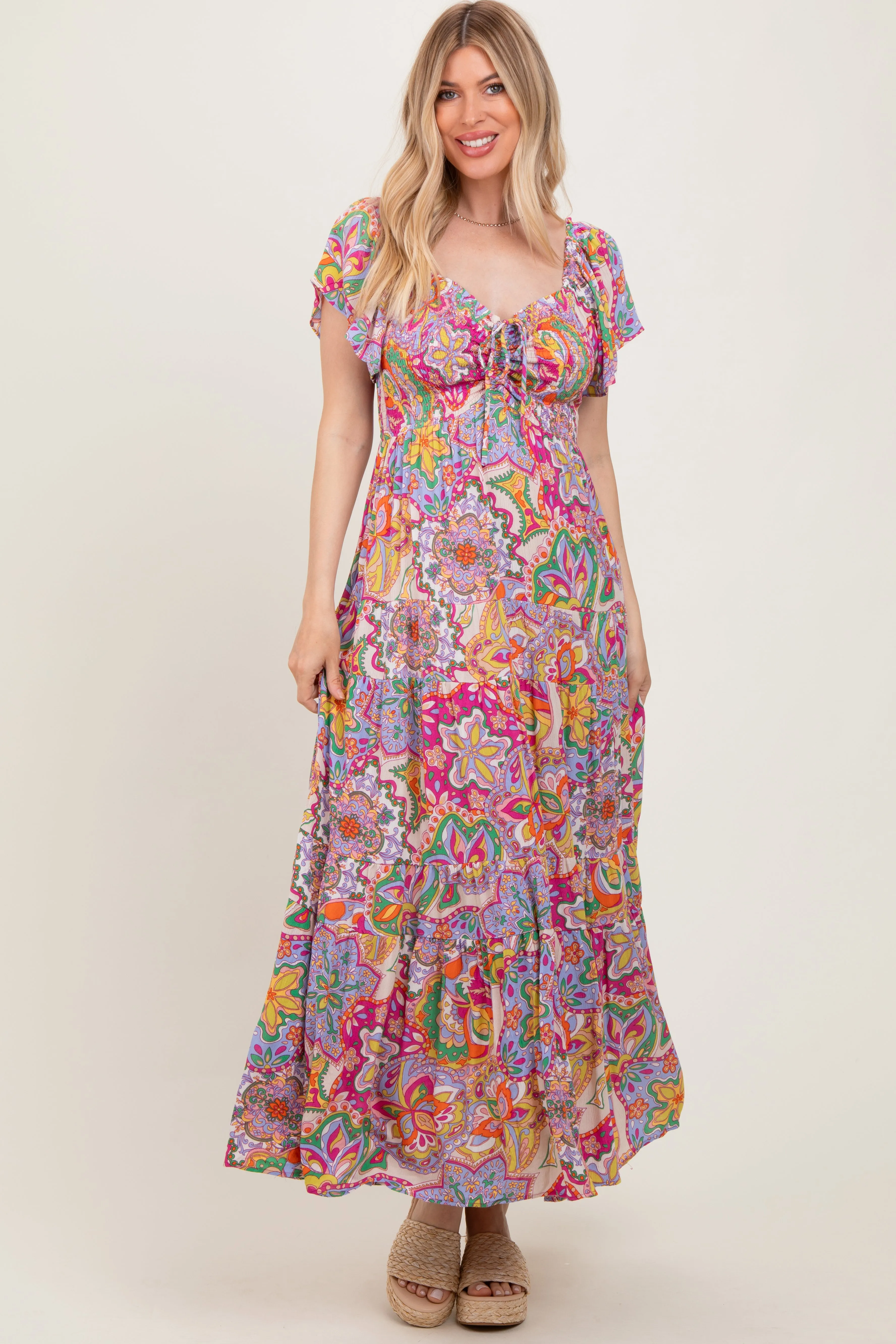 Lavender Floral Paisley Smocked Tiered Maternity Maxi Dress sold by Pinkblush product image thumbnail 5