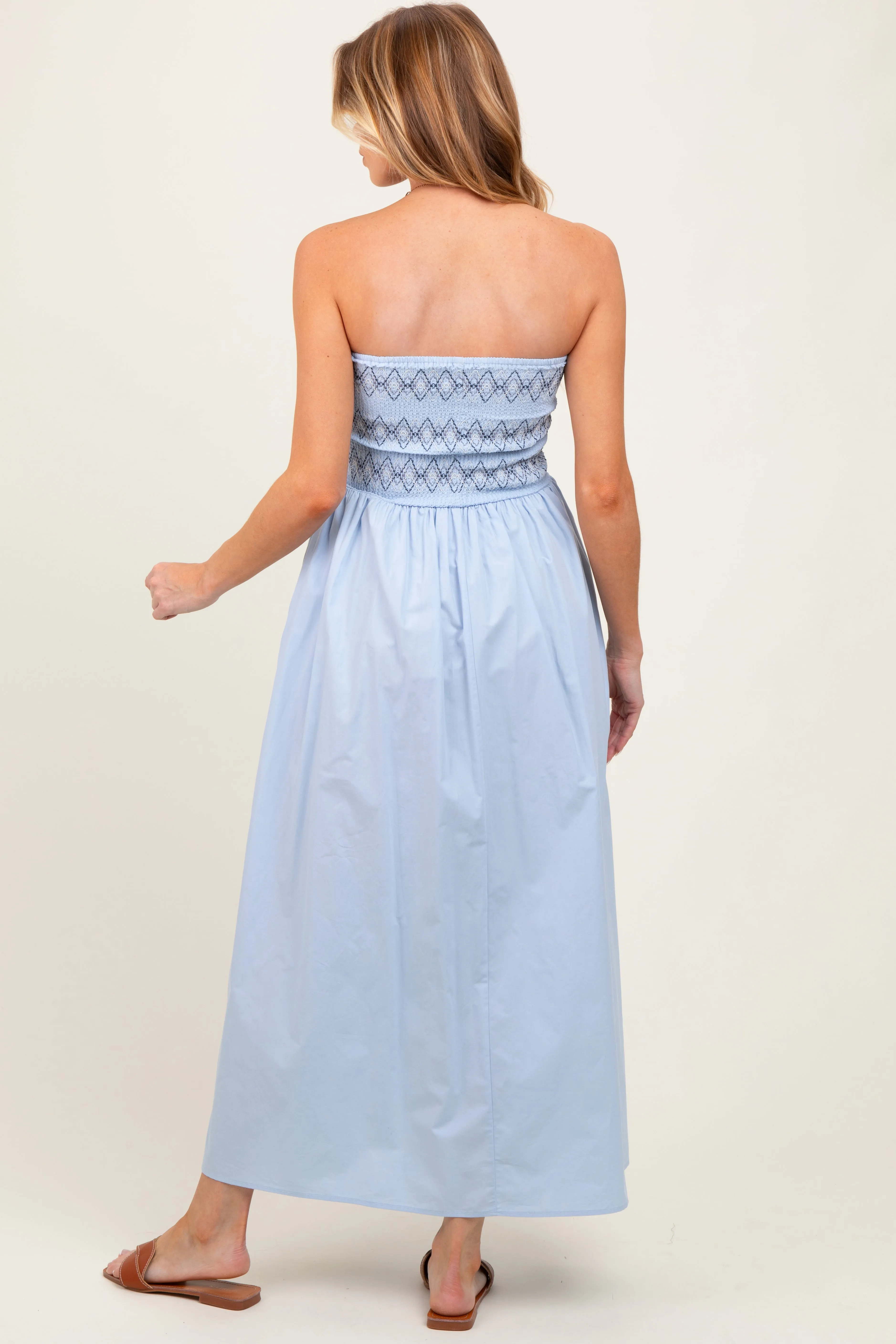 Light Blue Embroidered Strapless Smocked Bodice Flared Maternity Midi Dress sold by Pinkblush product image thumbnail 4