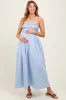 Light Blue Embroidered Strapless Smocked Bodice Flared Maternity Midi Dress sold by Pinkblush