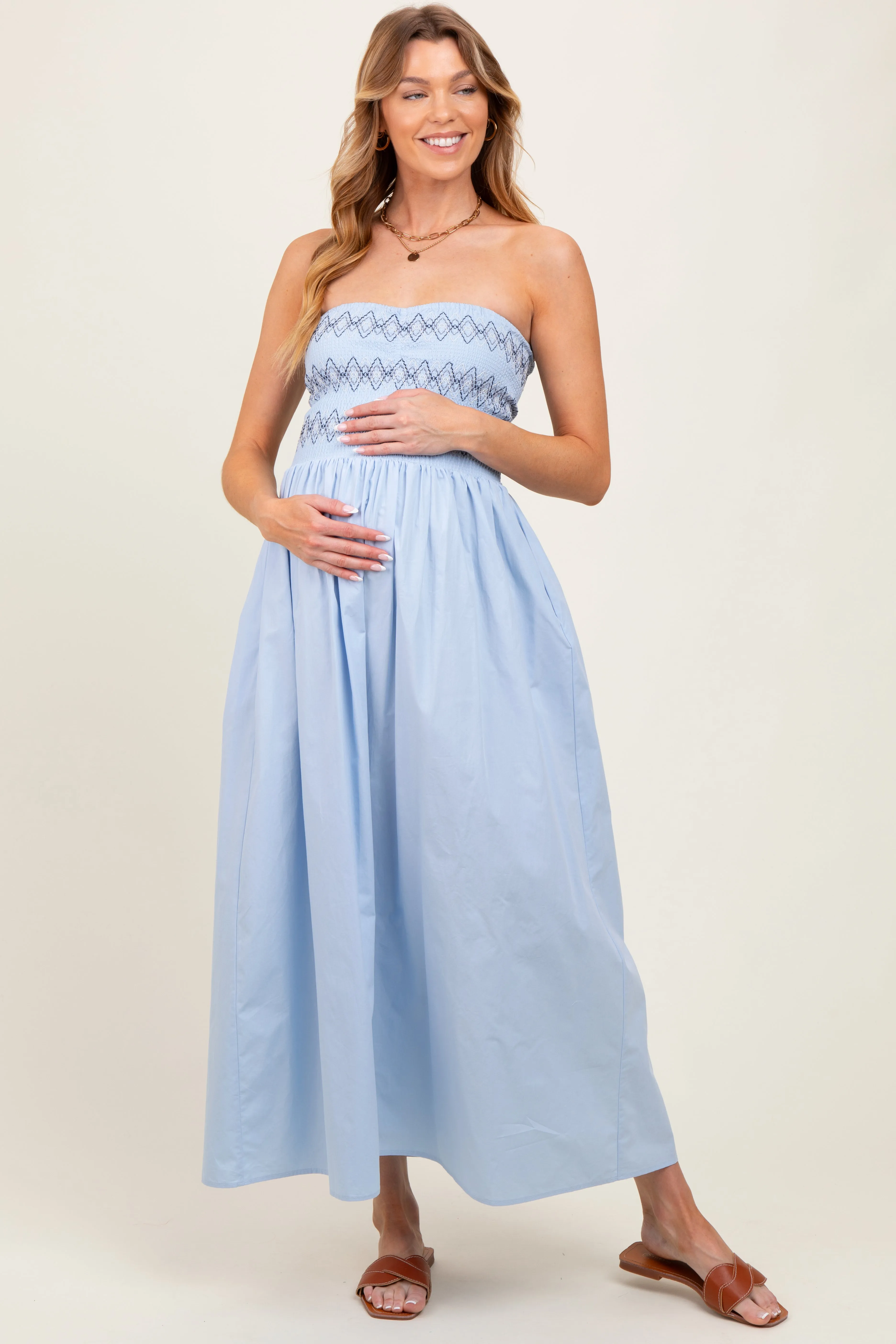 Light Blue Embroidered Strapless Smocked Bodice Flared Maternity Midi Dress sold by Pinkblush product image thumbnail 2