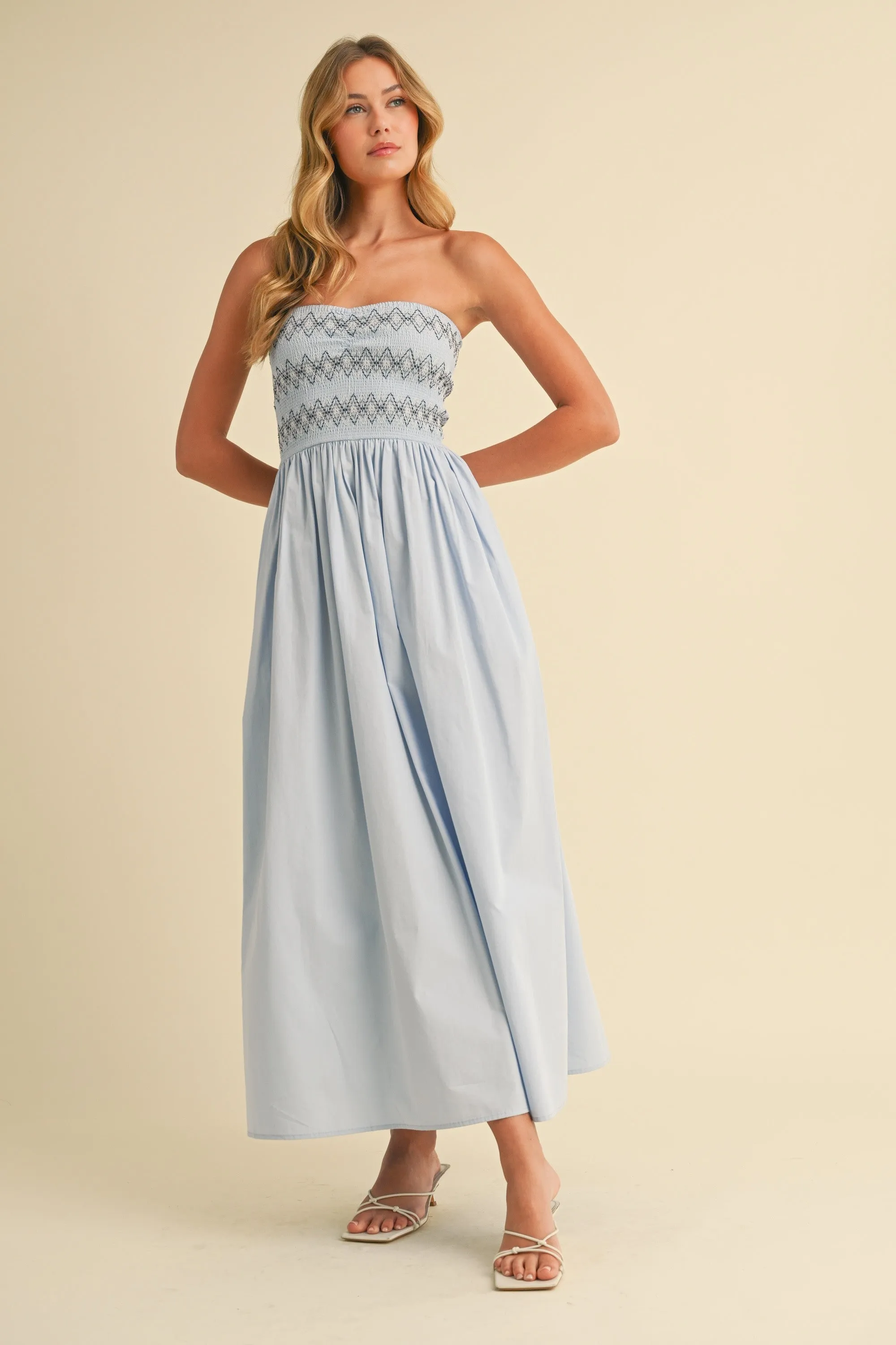 Light Blue Embroidered Strapless Smocked Bodice Flared Maternity Midi Dress sold by Pinkblush product image thumbnail 5