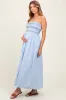 Light Blue Embroidered Strapless Smocked Bodice Flared Maternity Midi Dress sold by Pinkblush
