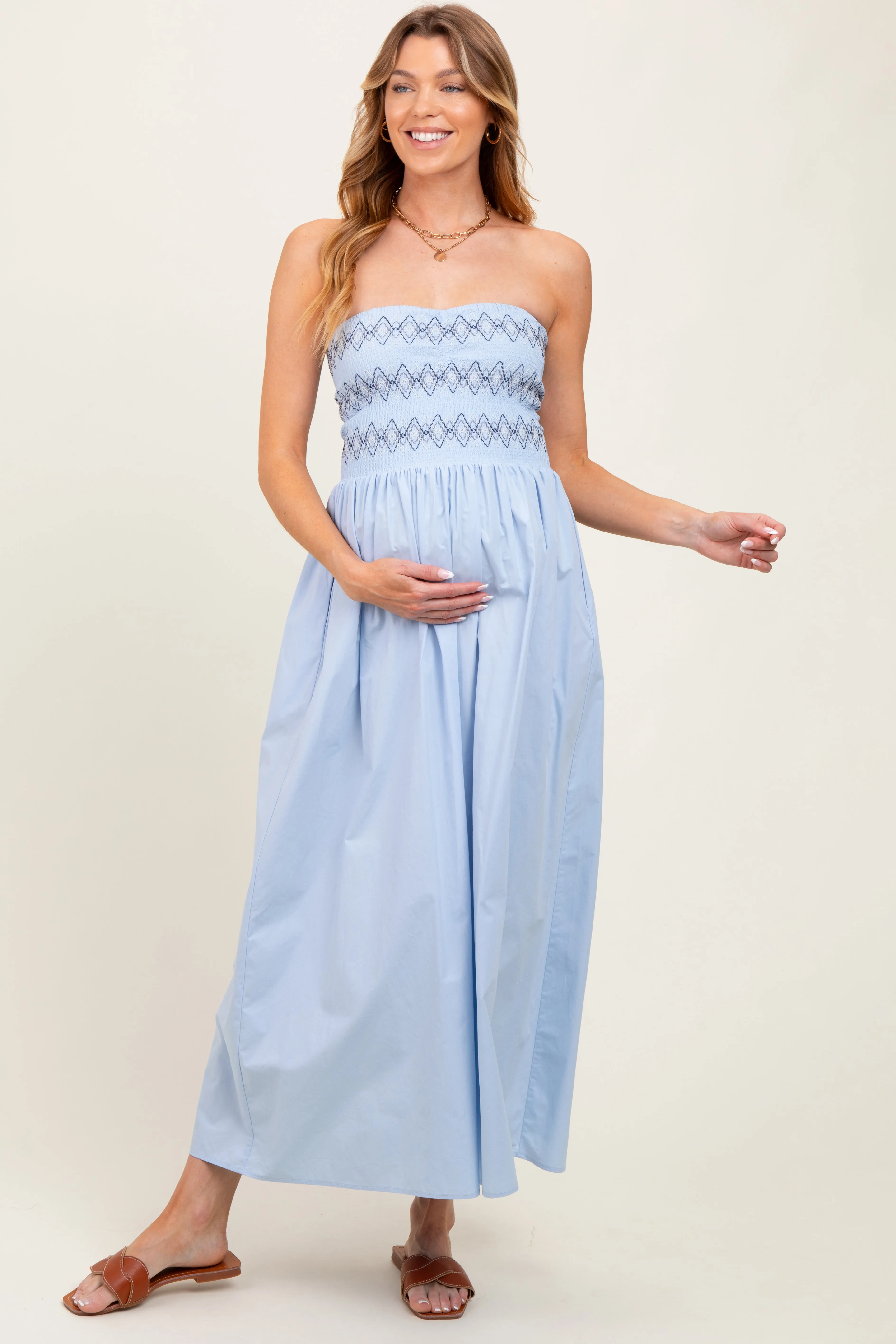 Light Blue Embroidered Strapless Smocked Bodice Flared Maternity Midi Dress sold by Pinkblush