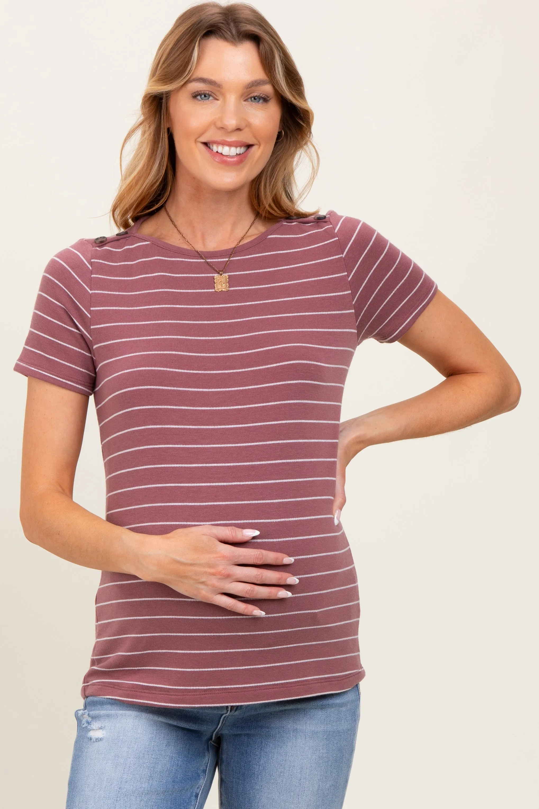 Rust Striped Button Shoulder Detail Maternity Top sold by Pinkblush