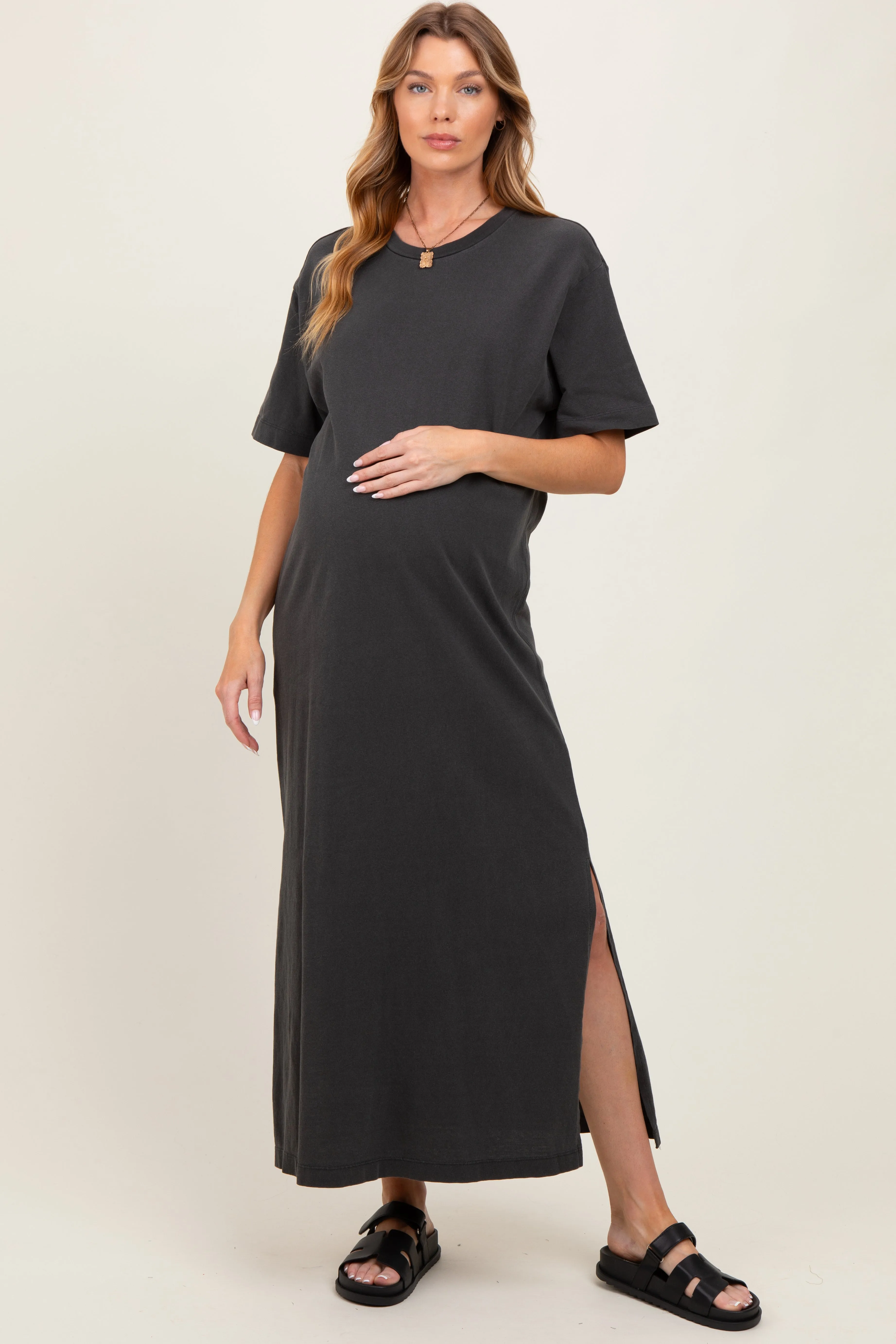 Black Short Sleeve Knit T-Shirt Maternity Maxi Dress sold by Pinkblush