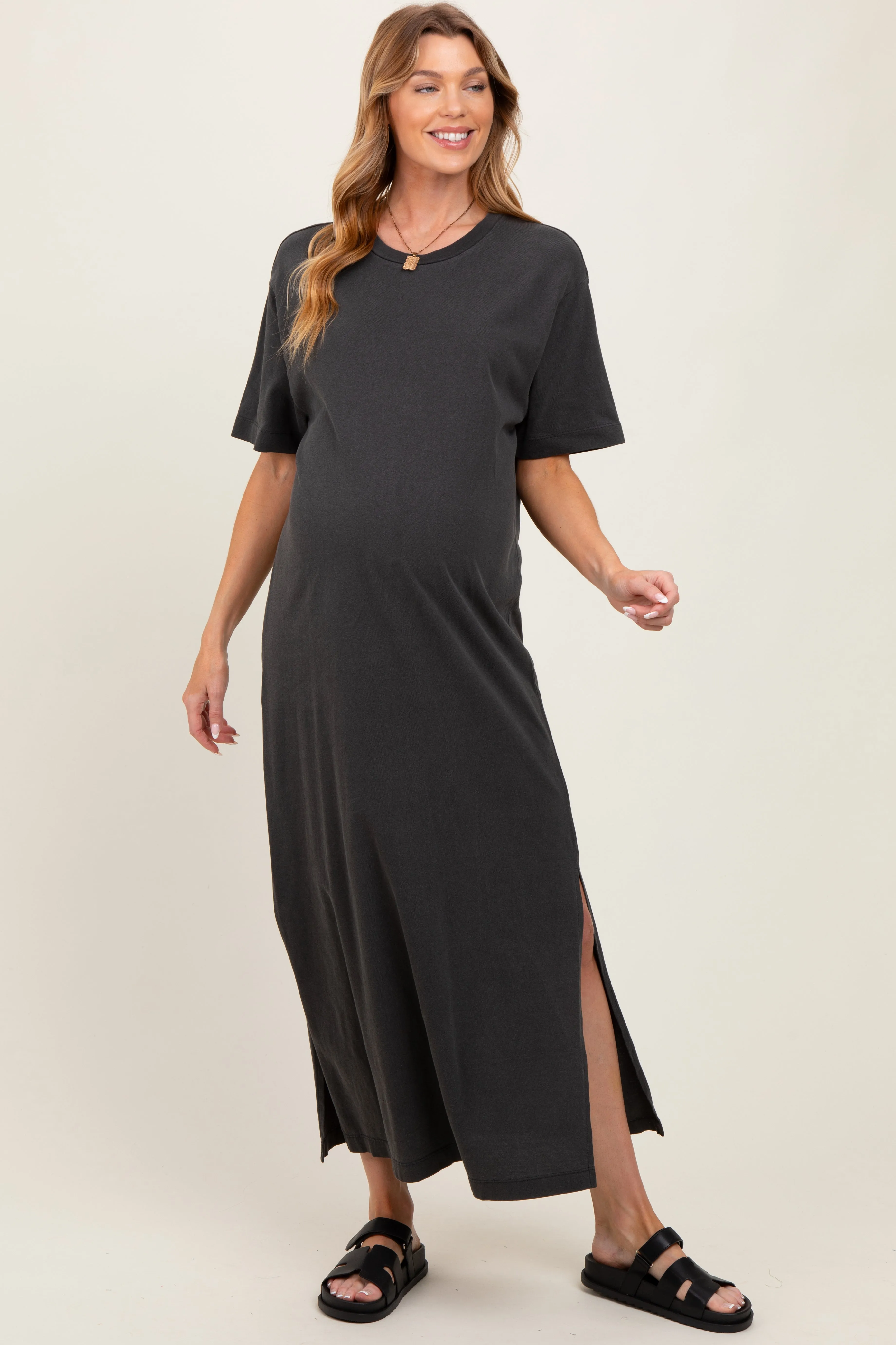 Black Short Sleeve Knit T-Shirt Maternity Maxi Dress sold by Pinkblush product image thumbnail 2