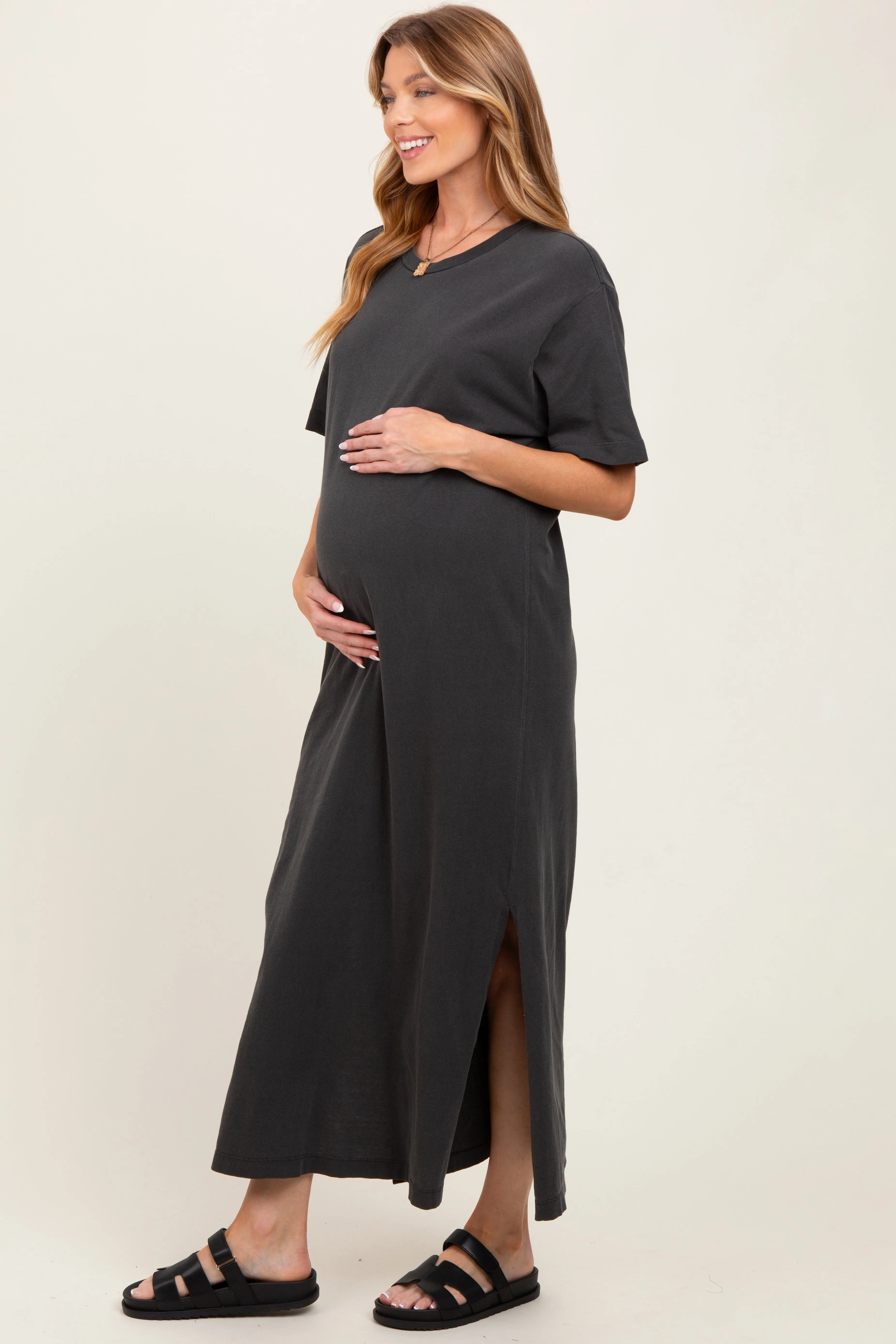 Black Short Sleeve Knit T-Shirt Maternity Maxi Dress sold by Pinkblush product image thumbnail 3