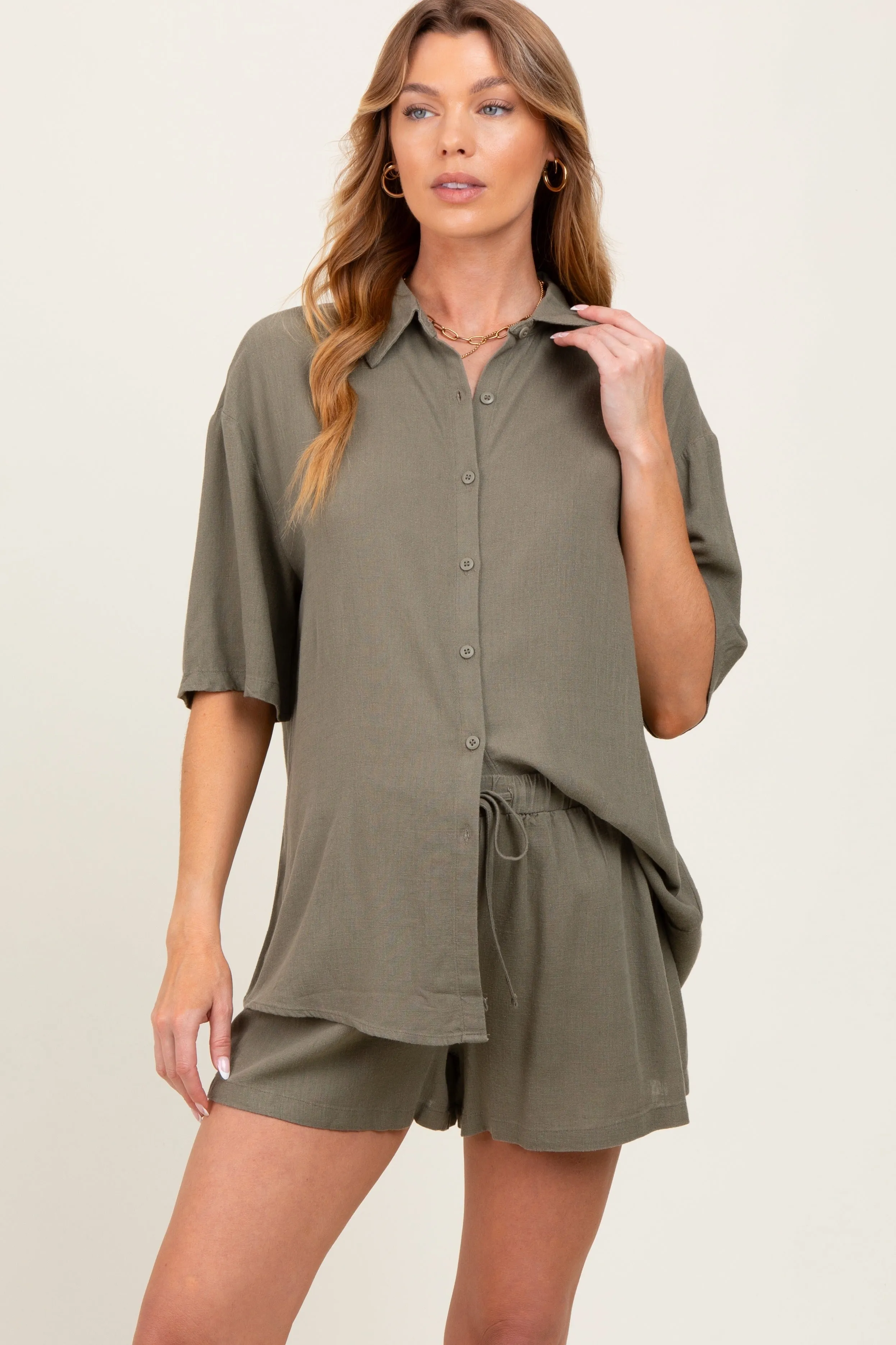 Olive Linen Blend Short Sleeve Shirt Shorts Maternity Set sold by Pinkblush product image thumbnail 2