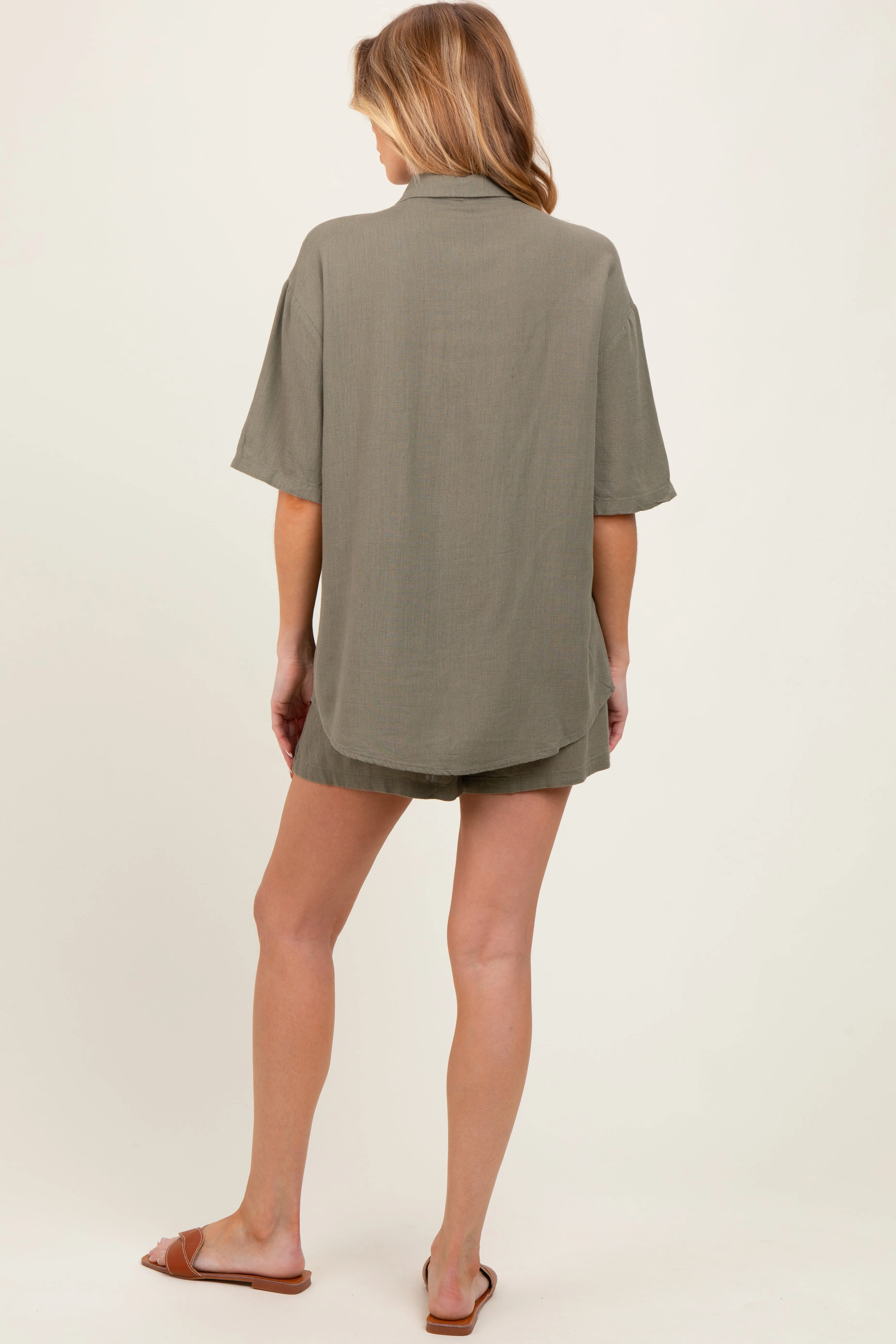 Olive Linen Blend Short Sleeve Shirt Shorts Maternity Set sold by Pinkblush product image thumbnail 4