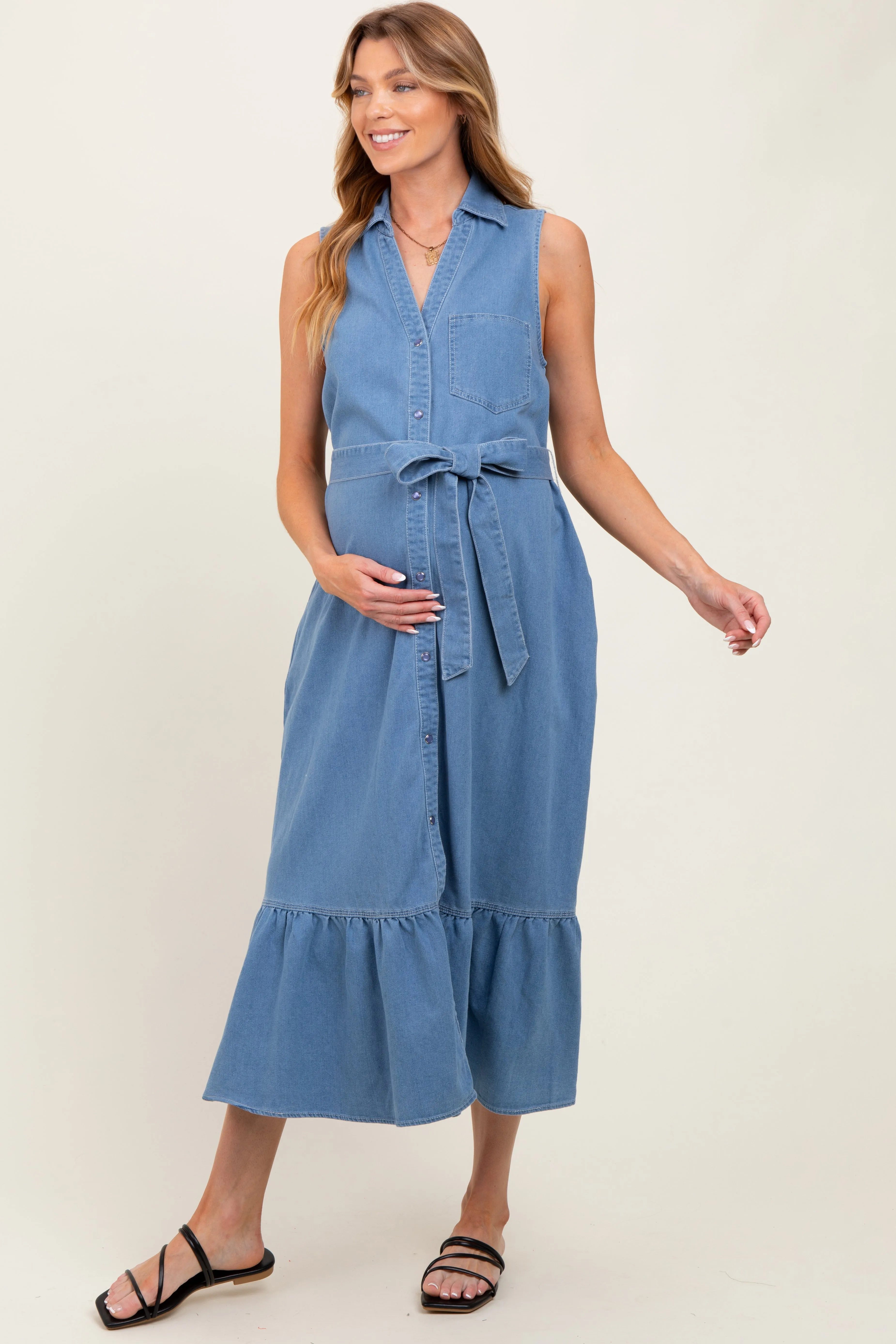 Blue Chambray Sleeveless Sash Tie Maternity Shirt Dress sold by Pinkblush