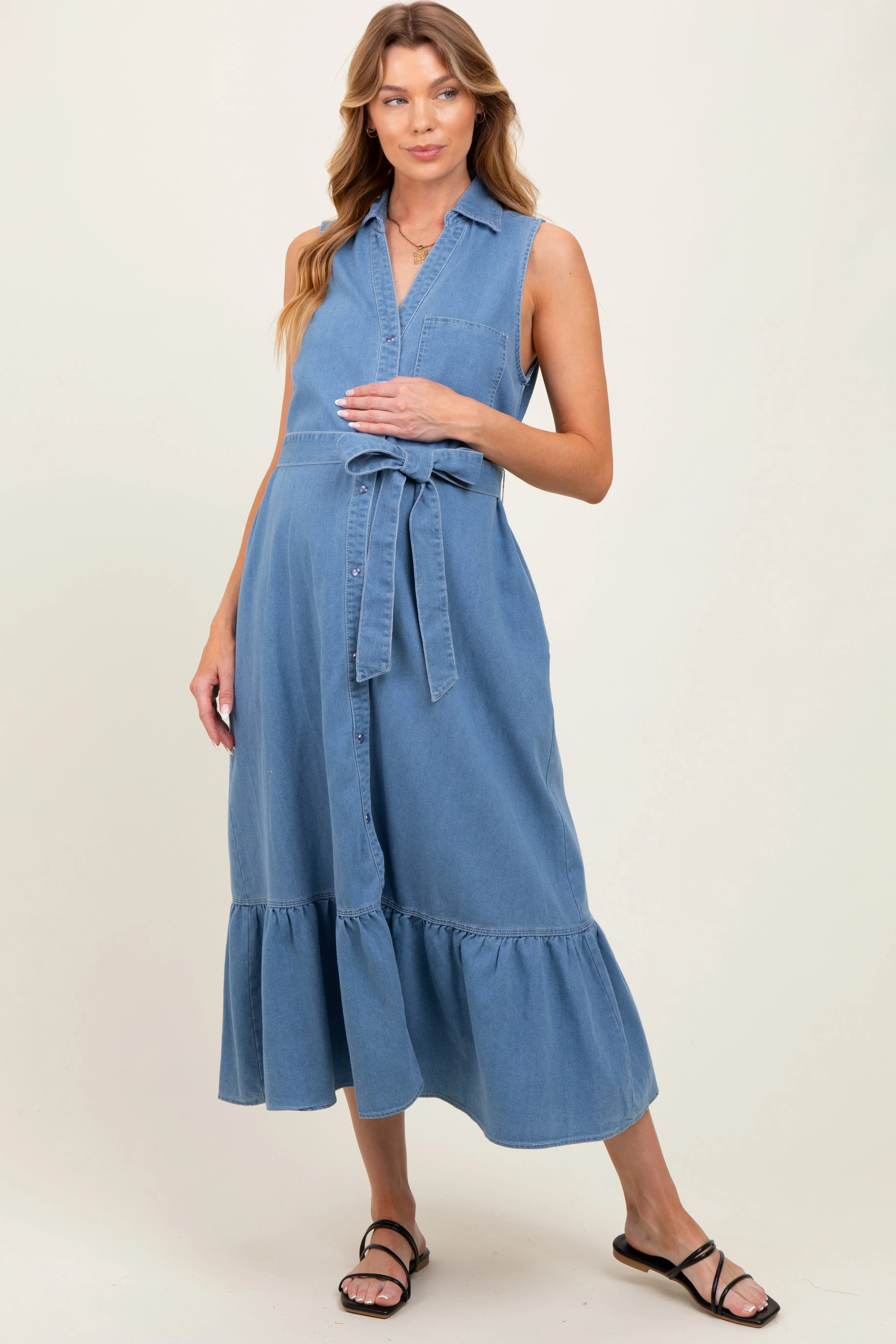 Blue Chambray Sleeveless Sash Tie Maternity Shirt Dress sold by Pinkblush product image thumbnail 2